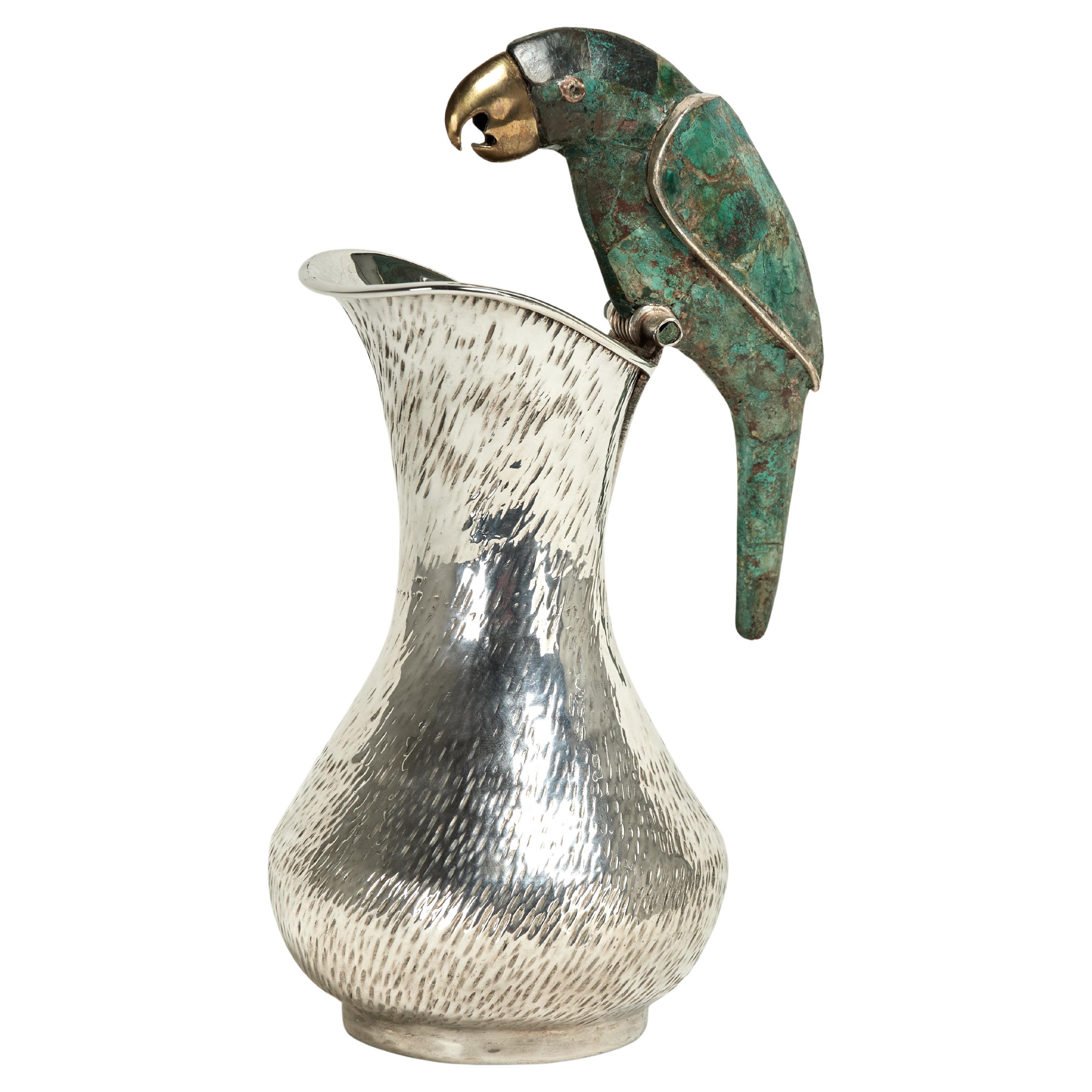 Mid Century Silver on Copper Pitcher with Parrot by Los Castillo For Sale