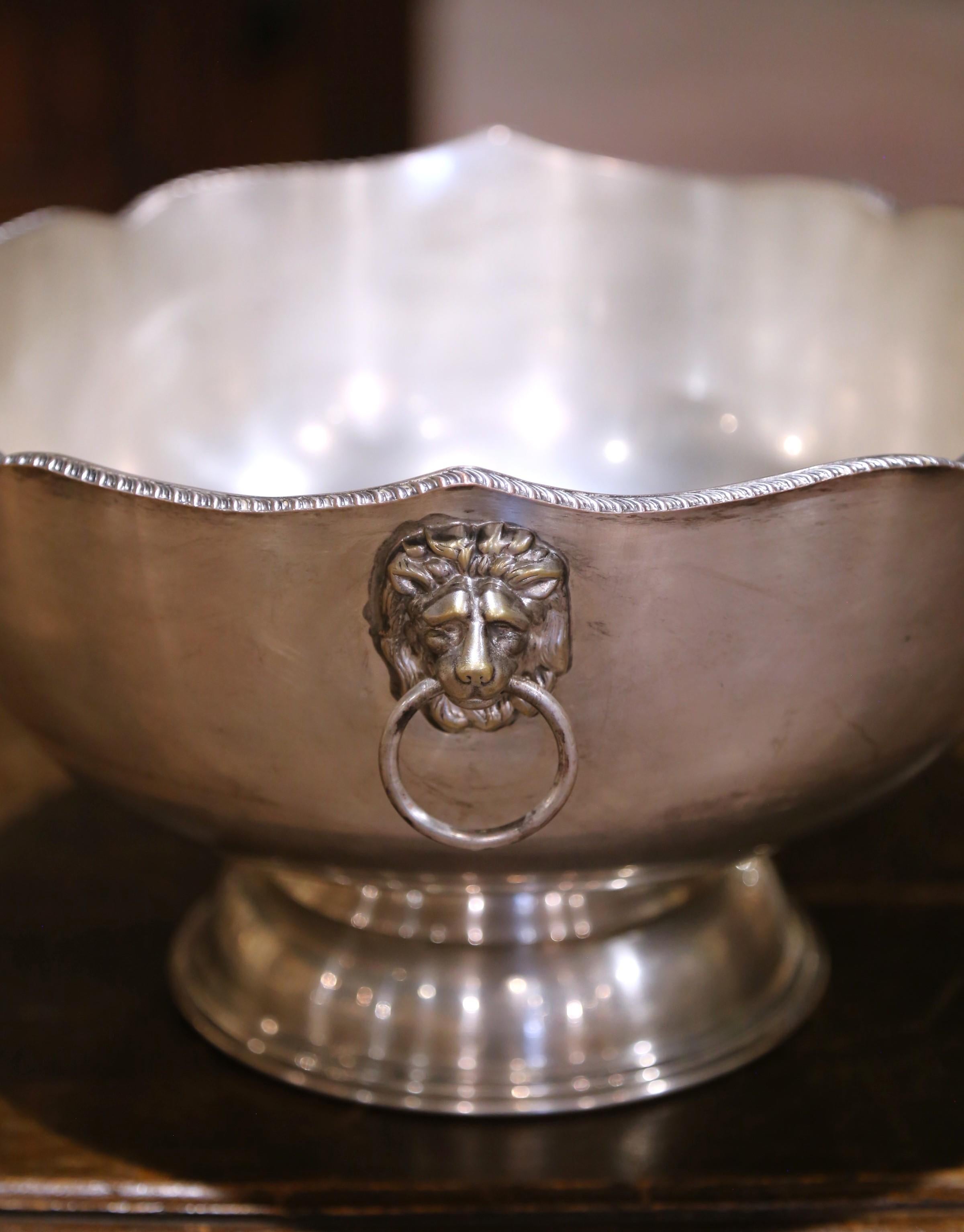 Hand-Crafted Mid-Century Silver-on-Copper Scalloped Champagne Bucket with Lion Mask Handles For Sale
