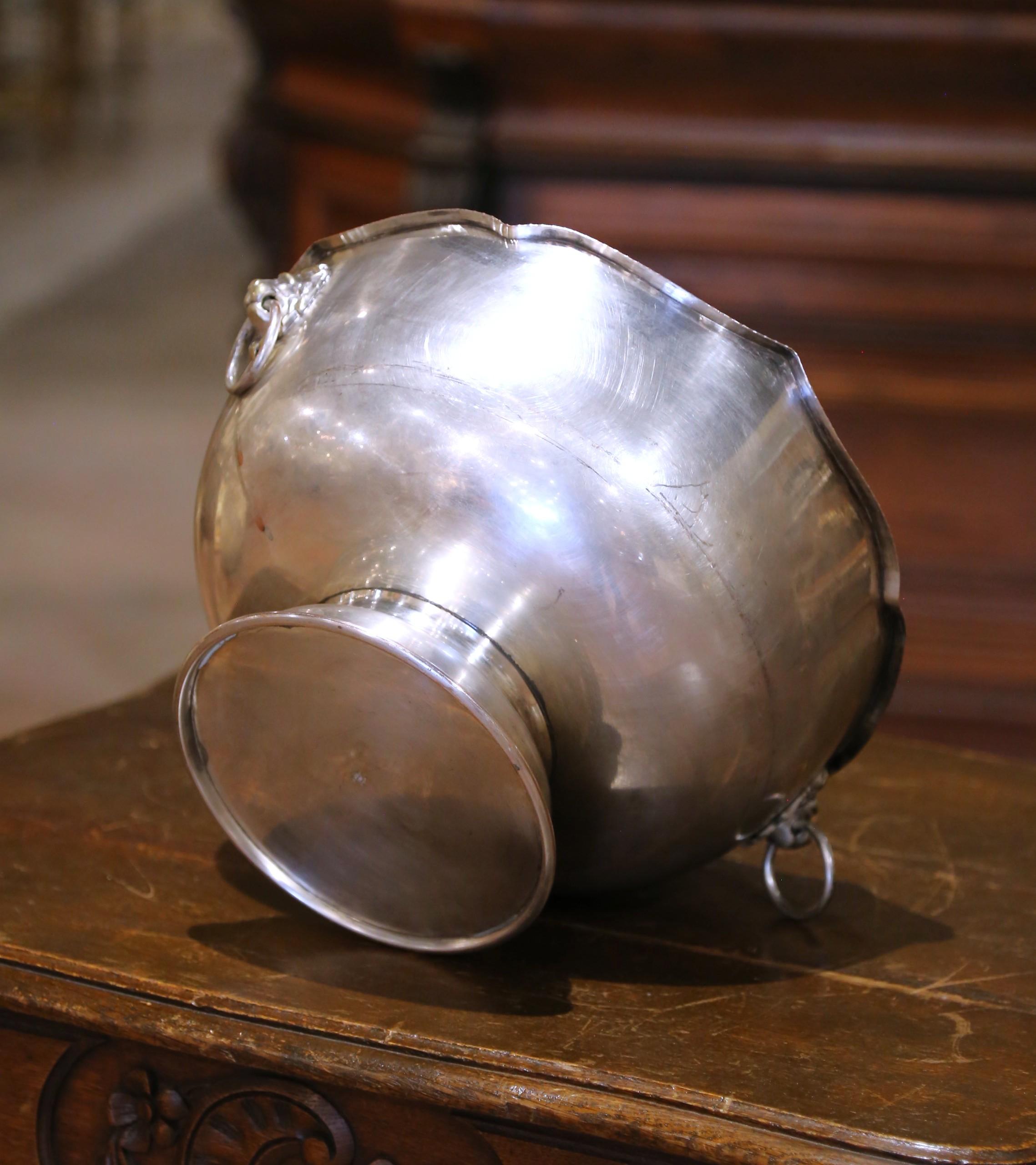 Silver Plate Mid-Century Silver-on-Copper Scalloped Champagne Bucket with Lion Mask Handles For Sale