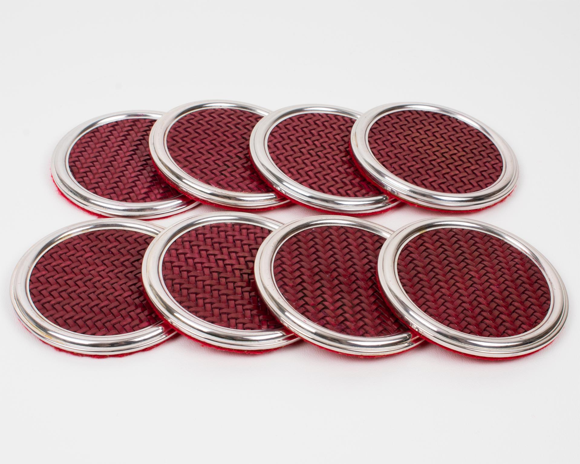 Mid-Century Modern Mid-Century Silver Plate and Red Leather Coasters Set, Italy 1960s For Sale