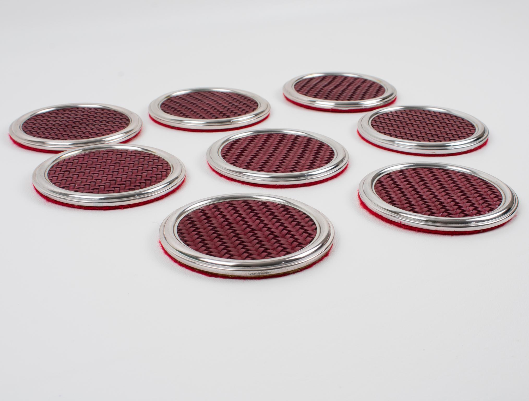 Italian Mid-Century Silver Plate and Red Leather Coasters Set, Italy 1960s