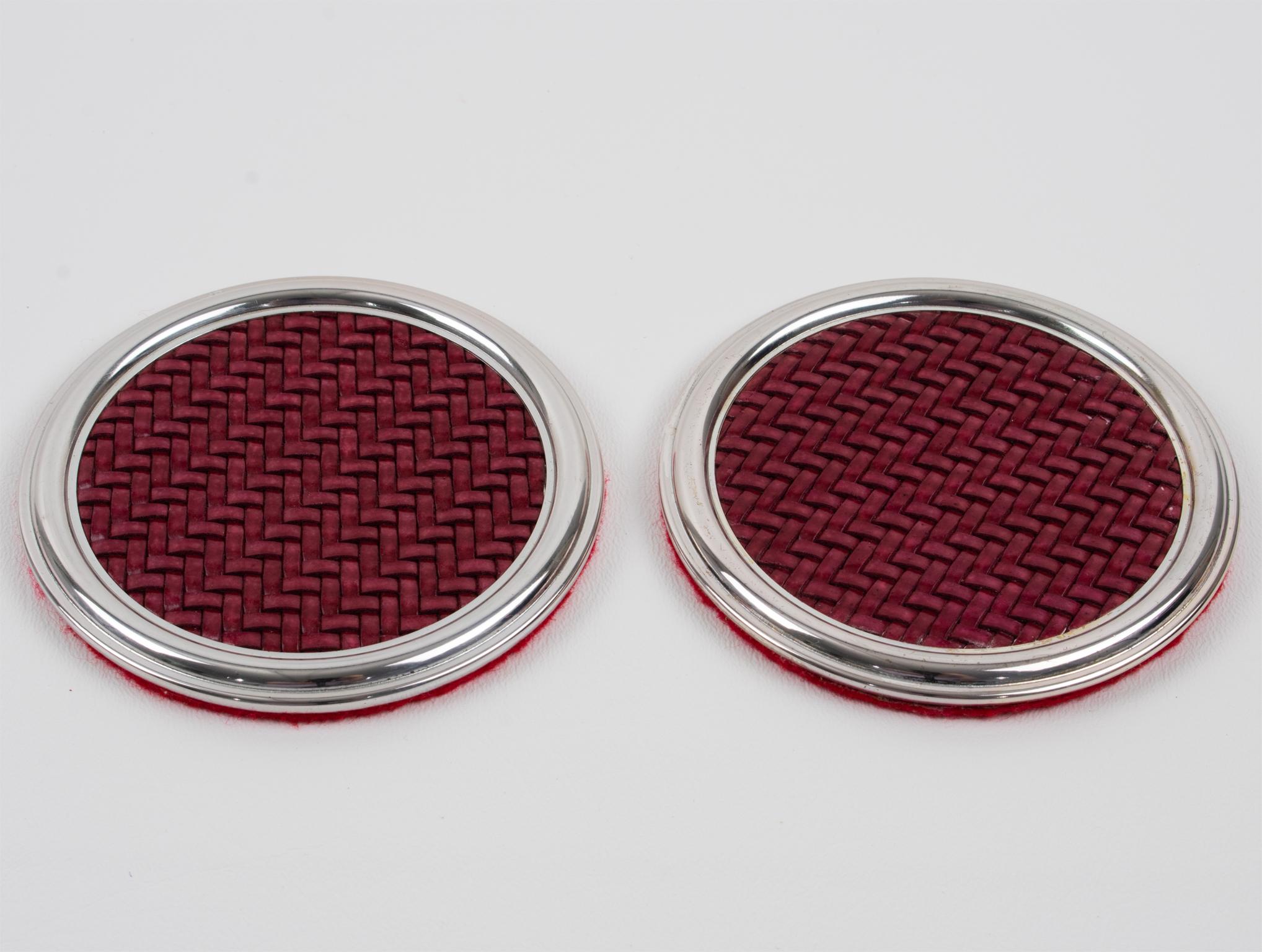 Mid-Century Silver Plate and Red Leather Coasters Set, Italy 1960s In Good Condition For Sale In Atlanta, GA