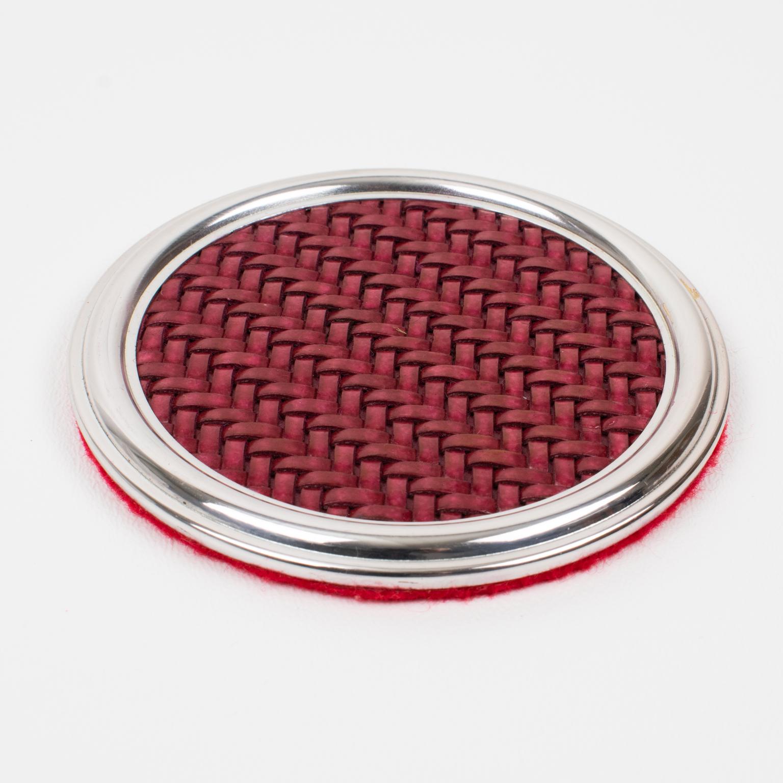 Mid-20th Century Mid-Century Silver Plate and Red Leather Coasters Set, Italy 1960s