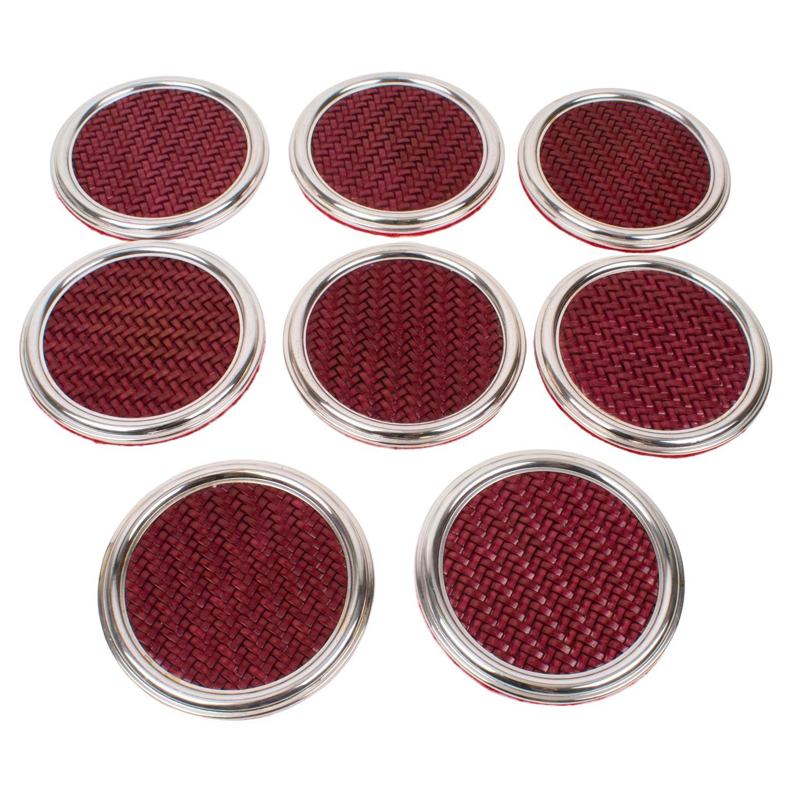 Mid-Century Silver Plate and Red Leather Coasters Set, Italy 1960s For Sale