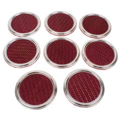 Vintage Mid-Century Silver Plate and Red Leather Coasters Set, Italy 1960s