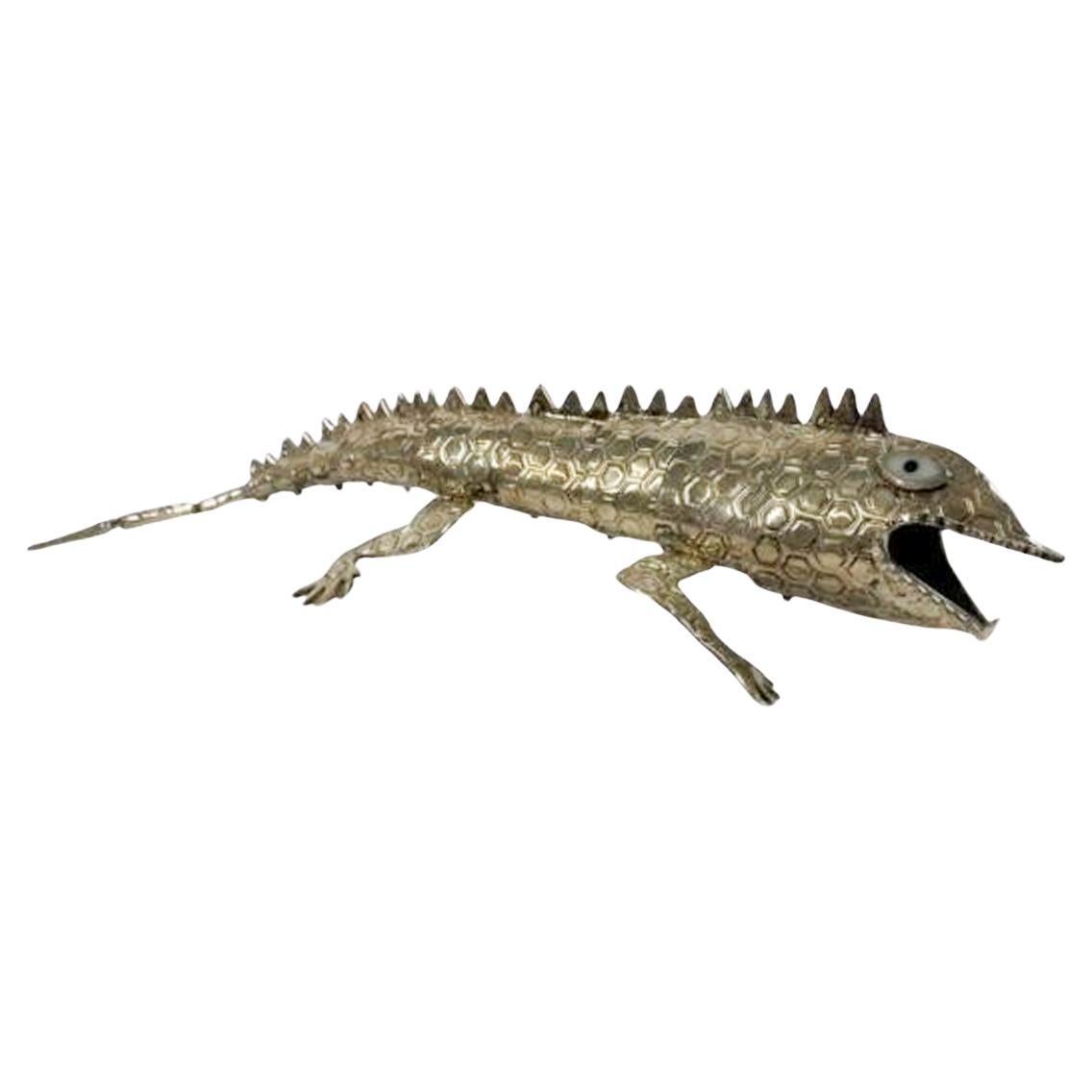 Mid-Century Silver Plate Articulated Iguana Bottle Opener Marked Castillo  For Sale