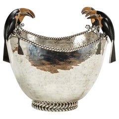 Mid Century Silver Plate Bowl or Wine Cooler with Toucans by Emilia Castillo