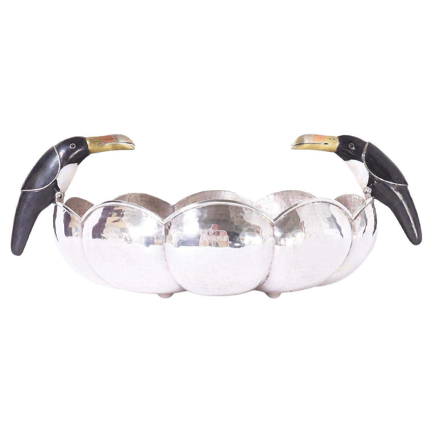 Mid-Century Silver Plate Bowl with Toucans by Los Castillo