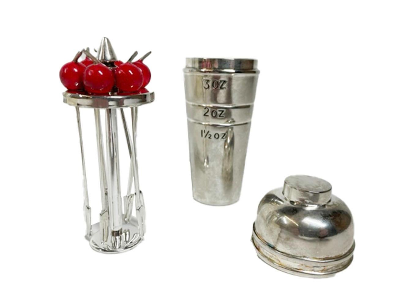 Mid-Century Modern Mid-Century Silver Plate Cocktail Shaker Form Jigger with Six Cocktail Picks