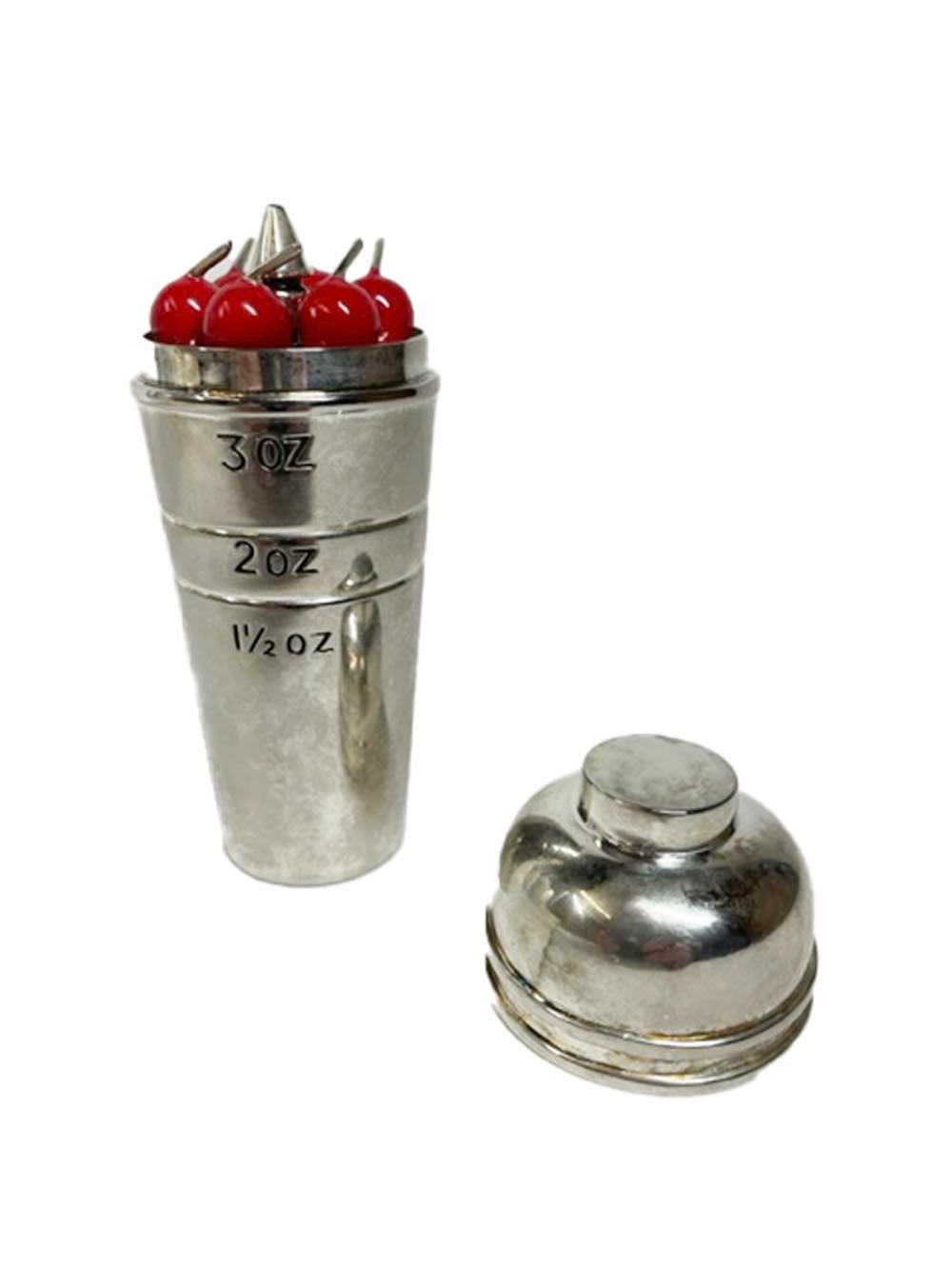 English Mid-Century Silver Plate Cocktail Shaker Form Jigger with Six Cocktail Picks