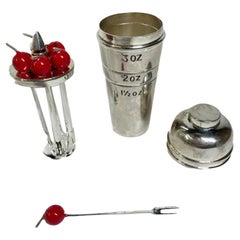 Mid-Century Silver Plate Cocktail Shaker Form Jigger with Six Cocktail Picks