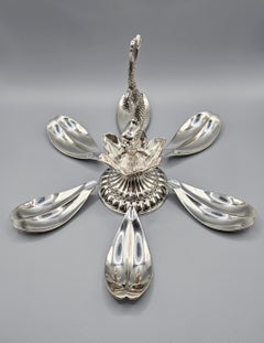 Mid Century Silver Plate Flower Shaped Fish Spoons Caviar Service, Spain c. 1960