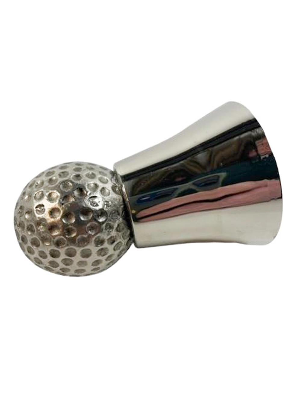 Silver plate spirit measure or jigger of flared conical form on a weighted golf ball form base.