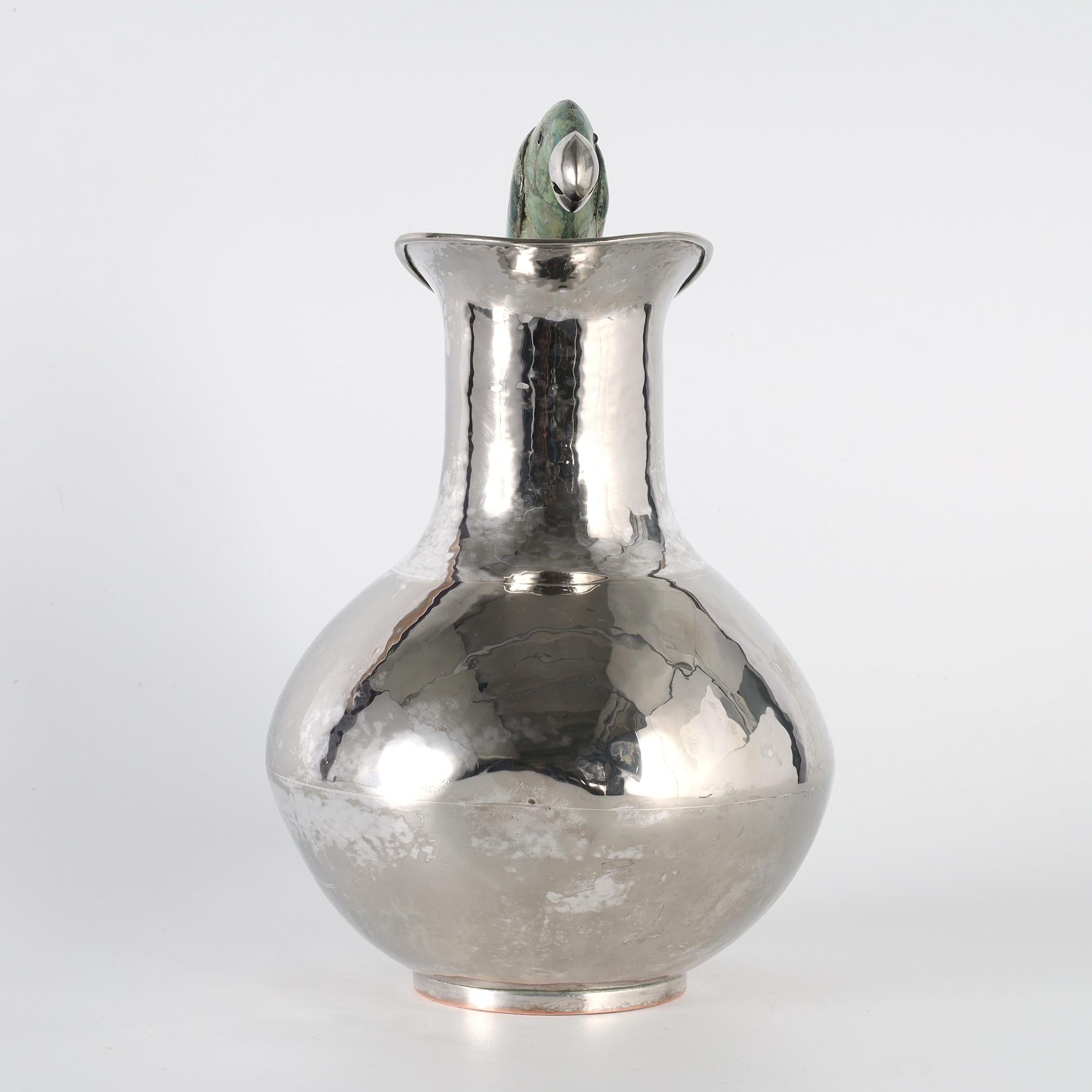 Mexican Mid Century Silver Plate Pitcher with Bird Handle Attributed to Los Castillo