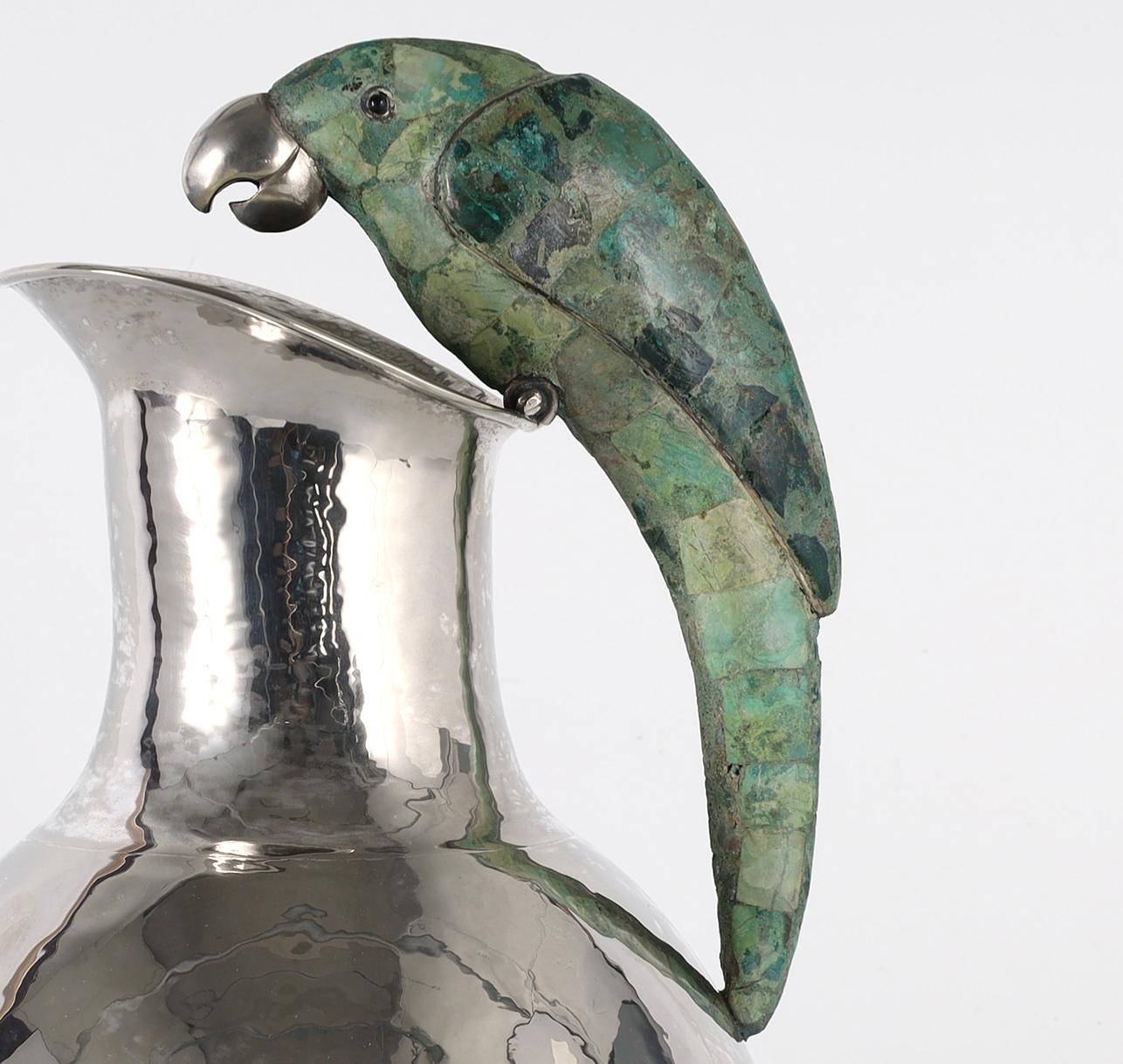 Mid Century Silver Plate Pitcher with Bird Handle Attributed to Los Castillo In Good Condition In Palm Beach, FL