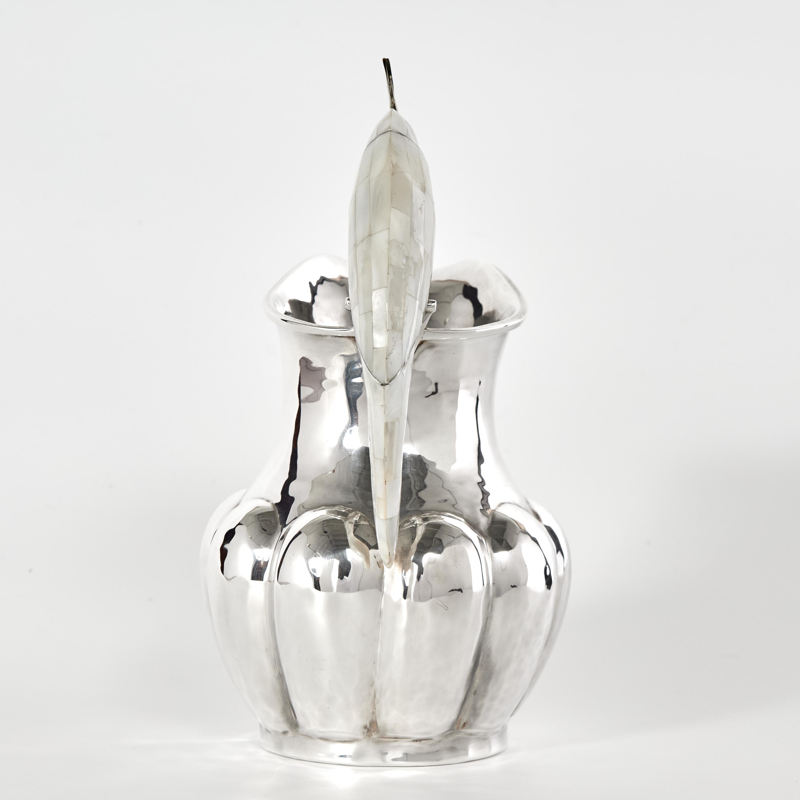 Mexican Mid Century Silver Plate Pitcher with Bird Handle by Los Castillo