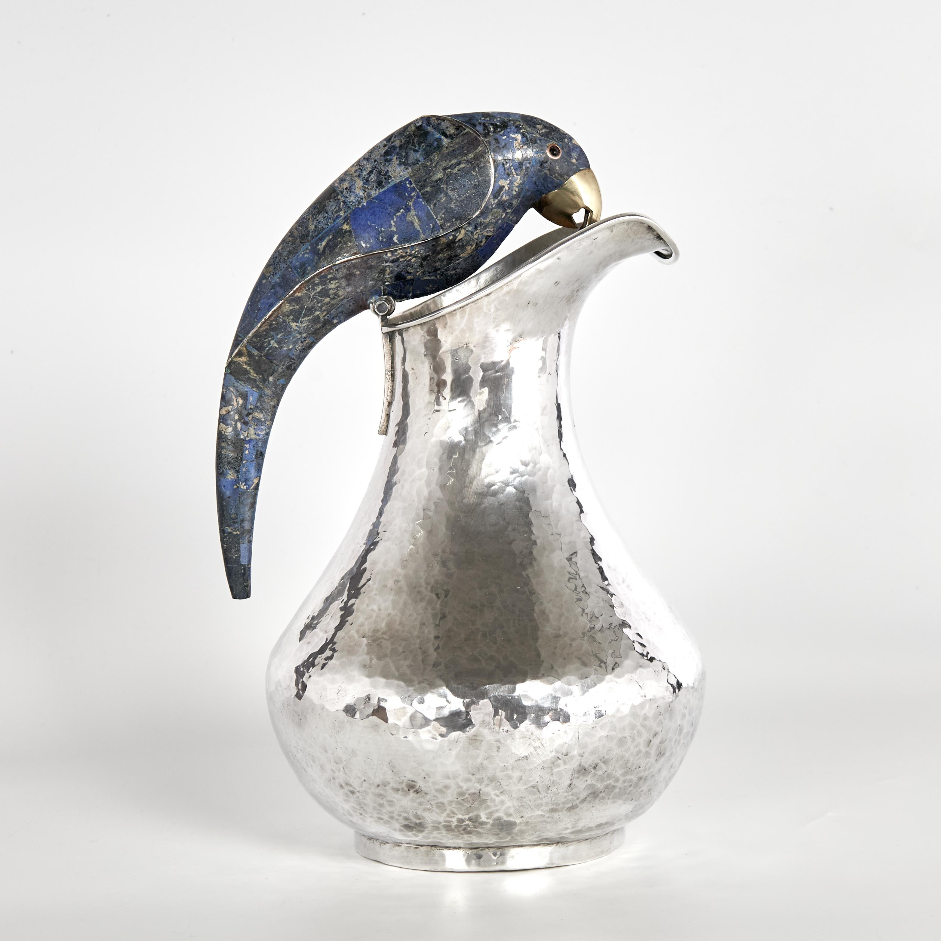 Mexican Mid Century Silver Plate Pitcher with Bird Handle by Los Castillo For Sale