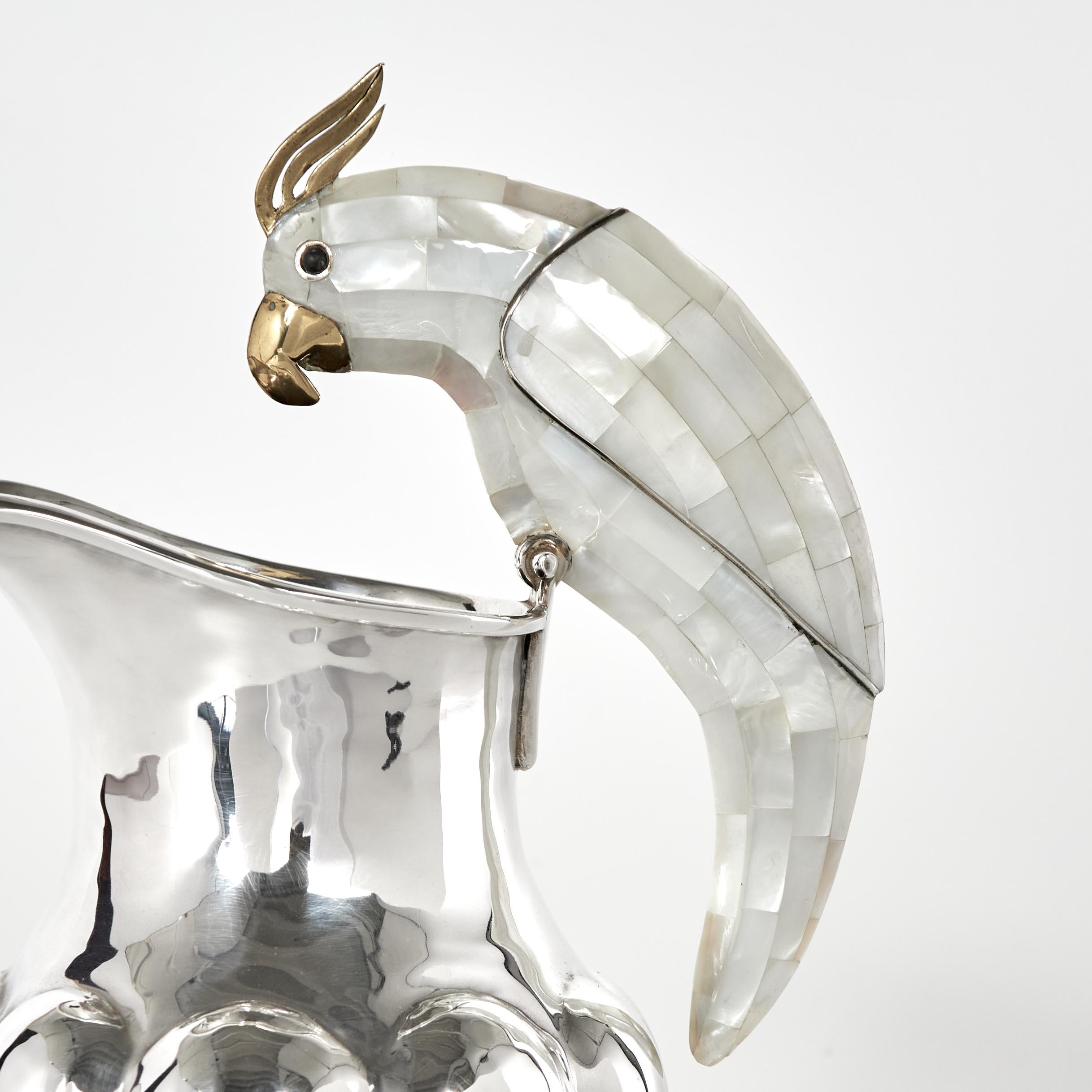 Hammered Mid Century Silver Plate Pitcher with Bird Handle by Los Castillo