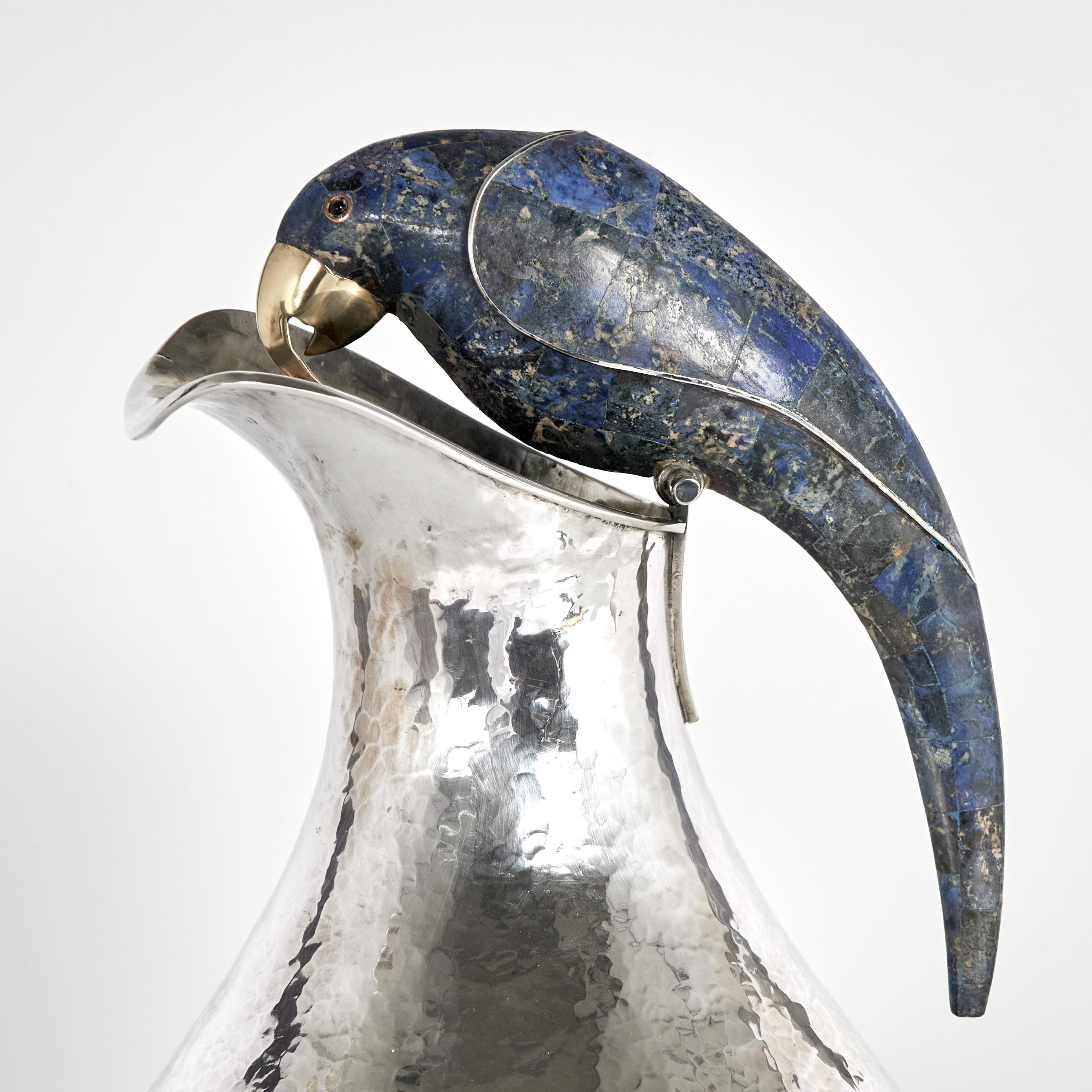 Mid Century Silver Plate Pitcher with Bird Handle by Los Castillo In Good Condition For Sale In Palm Beach, FL