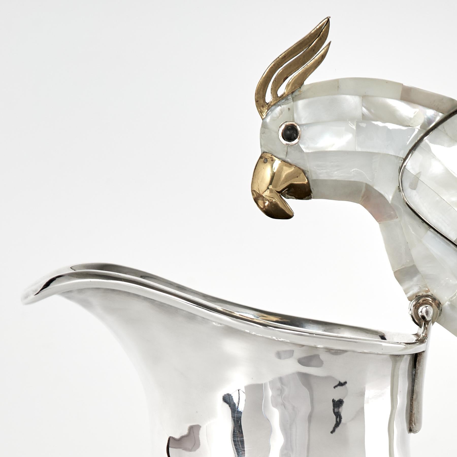 20th Century Mid Century Silver Plate Pitcher with Bird Handle by Los Castillo