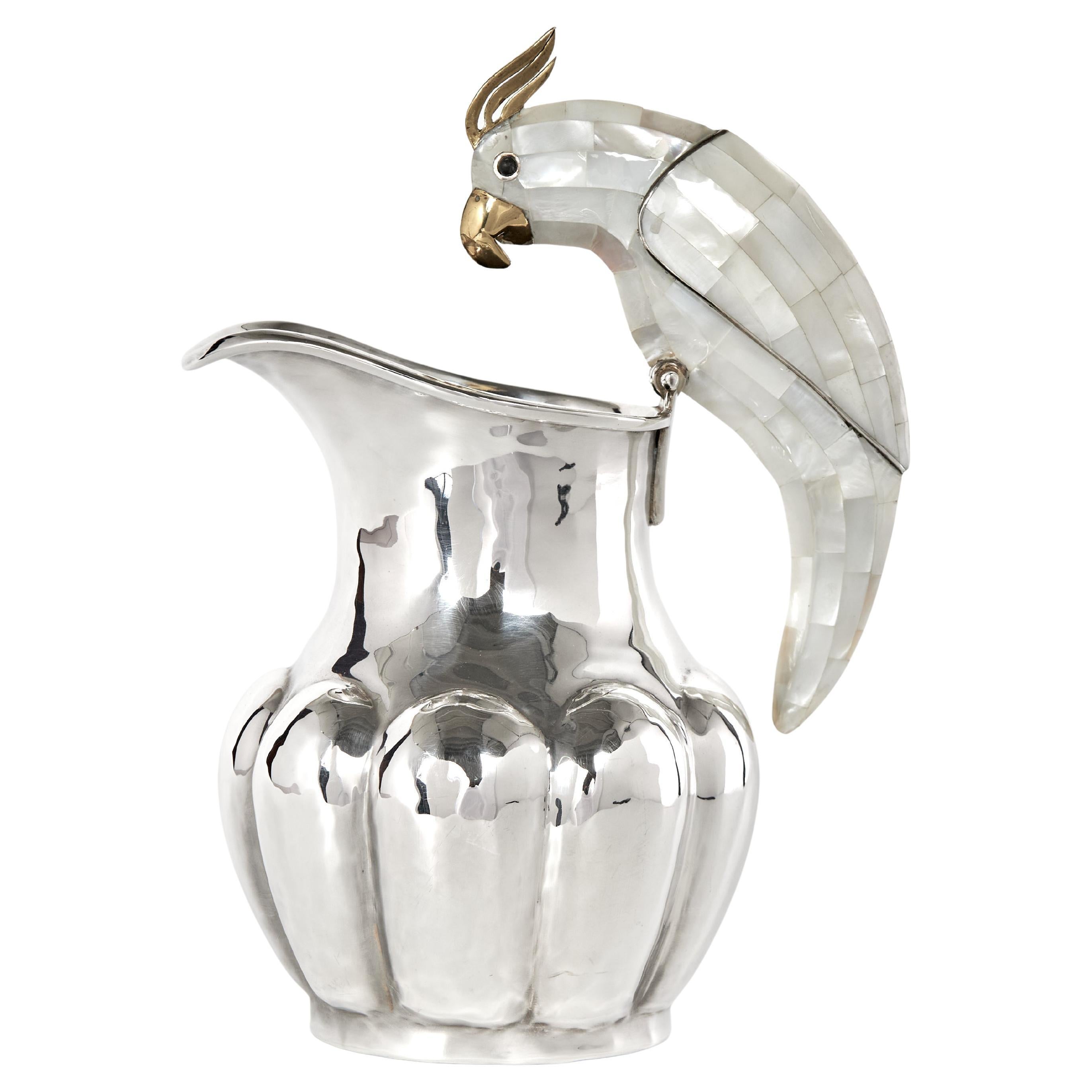 Mid Century Silver Plate Pitcher with Bird Handle by Los Castillo