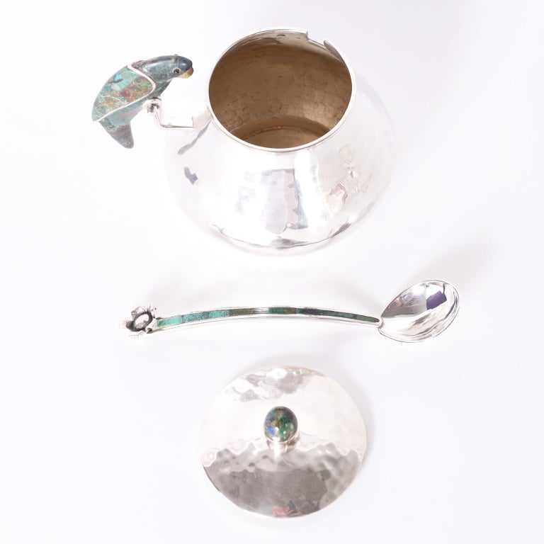 MidCentury Silver Plate Sugar Bowl and Spoon by Los Castillo For Sale