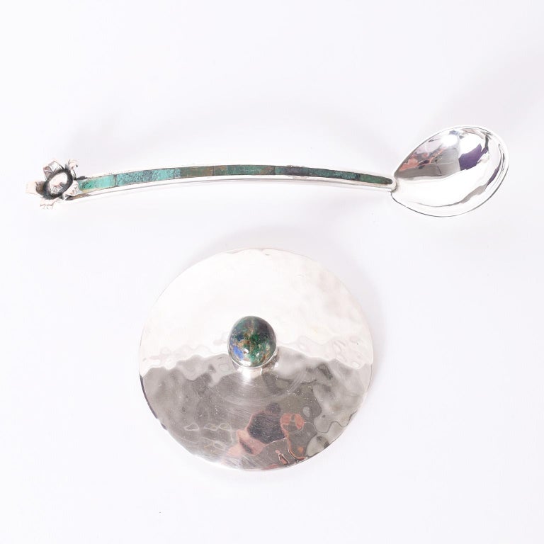 MidCentury Silver Plate Sugar Bowl and Spoon by Los Castillo For Sale