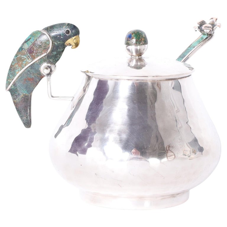 MidCentury Silver Plate Sugar Bowl and Spoon by Los Castillo For Sale