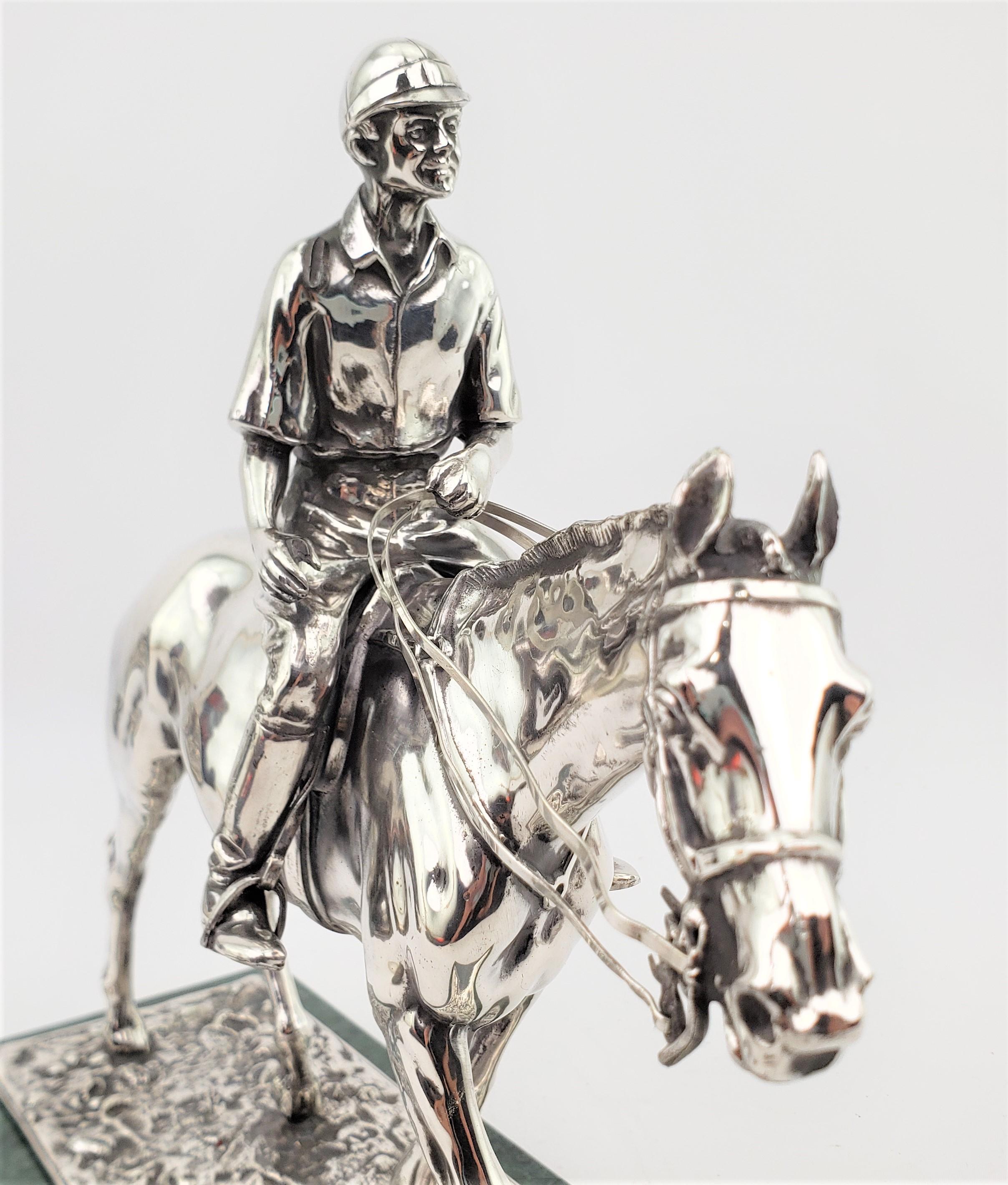 Mid-Century Silver Plated Cast Metal Horse & Jockey Sculpture with Marble Base For Sale 4