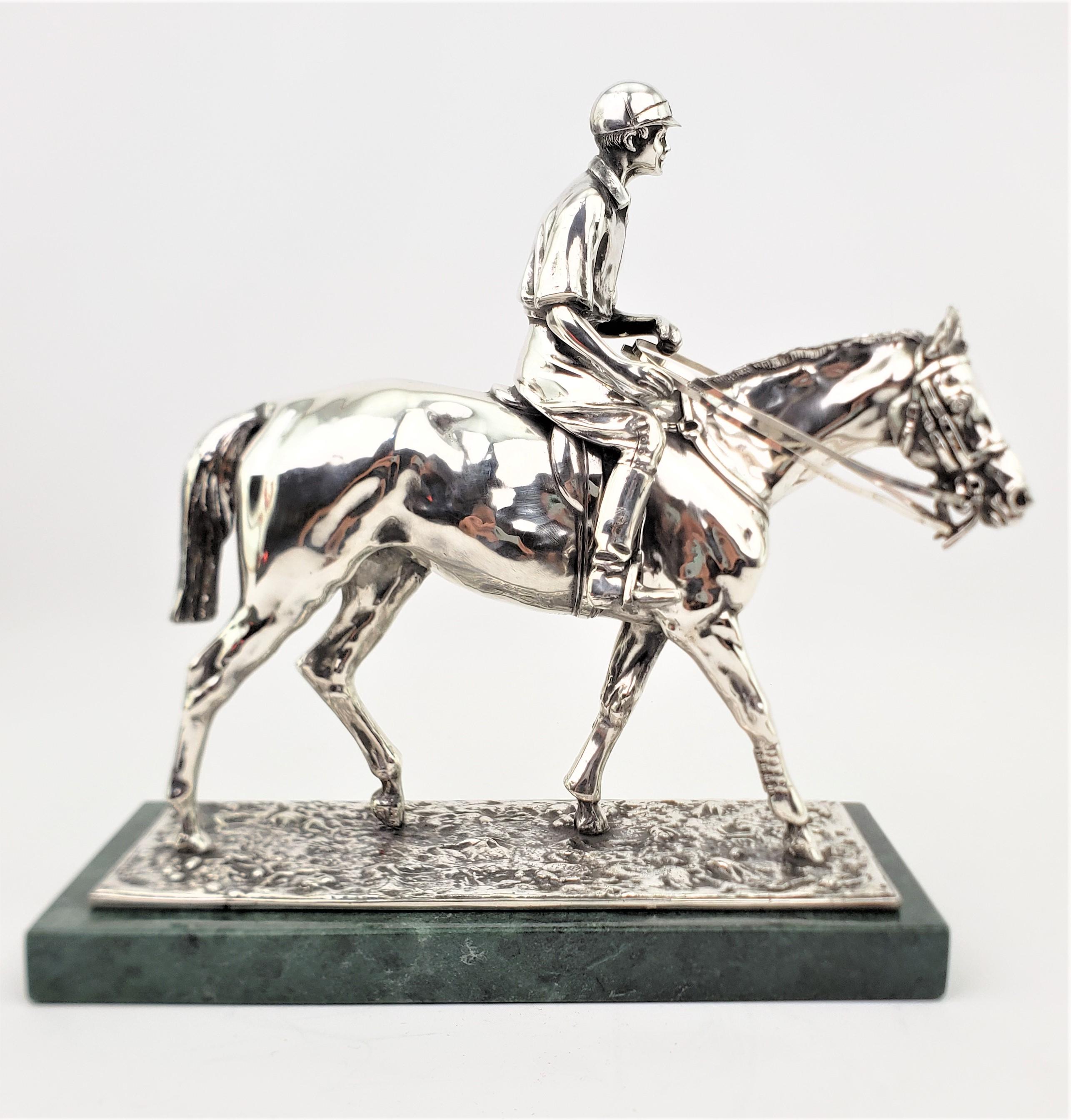 Mid-Century Modern Mid-Century Silver Plated Cast Metal Horse & Jockey Sculpture with Marble Base For Sale