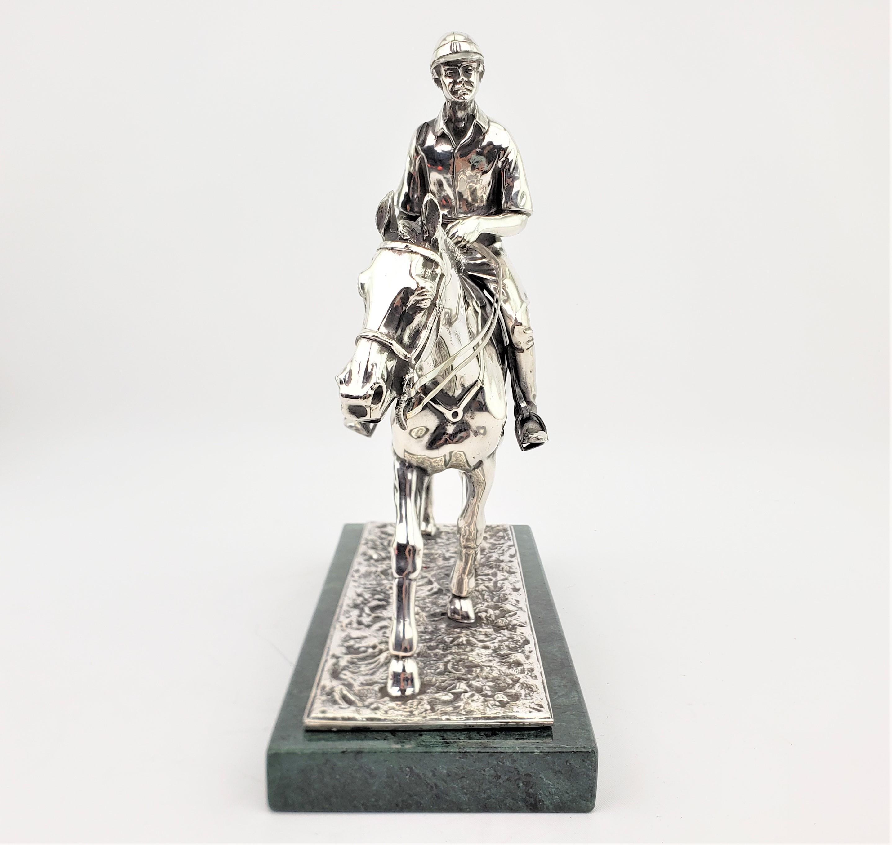 American Mid-Century Silver Plated Cast Metal Horse & Jockey Sculpture with Marble Base For Sale