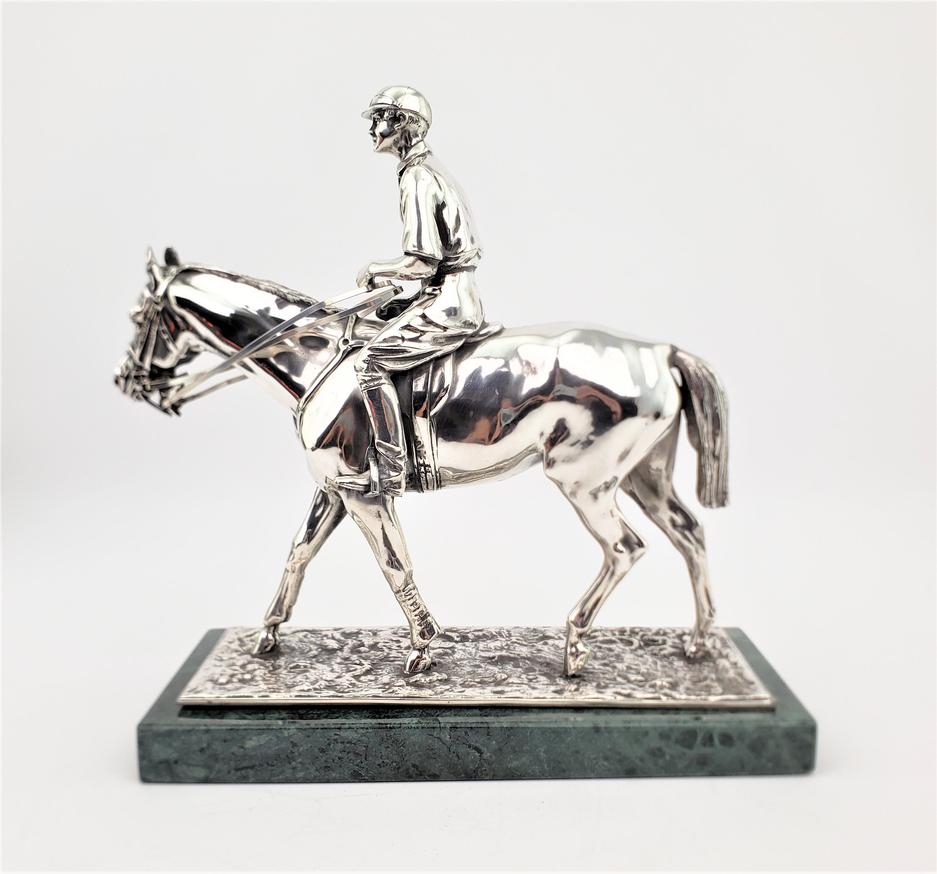 Mid-Century Silver Plated Cast Metal Horse & Jockey Sculpture with Marble Base In Good Condition For Sale In Hamilton, Ontario