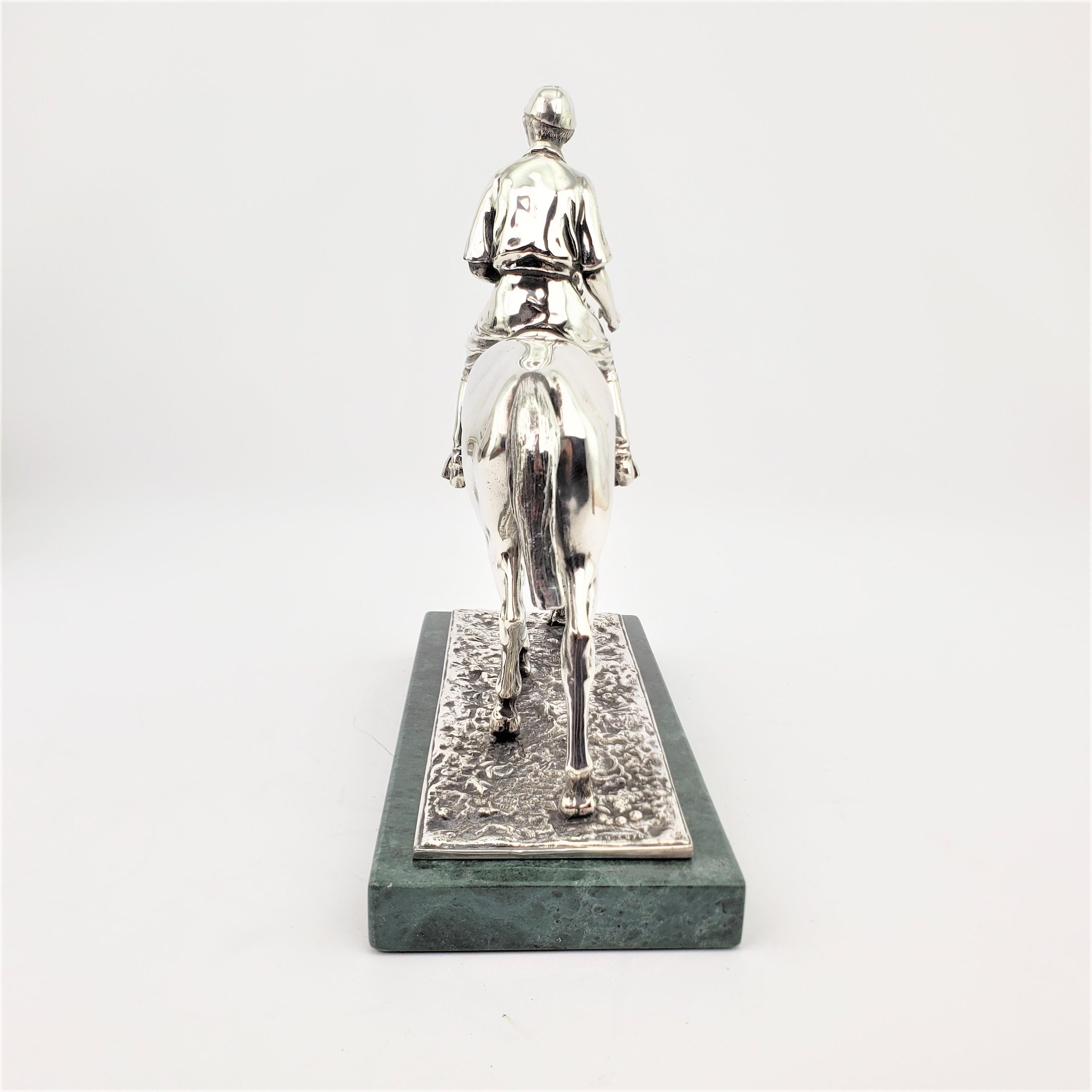 20th Century Mid-Century Silver Plated Cast Metal Horse & Jockey Sculpture with Marble Base For Sale