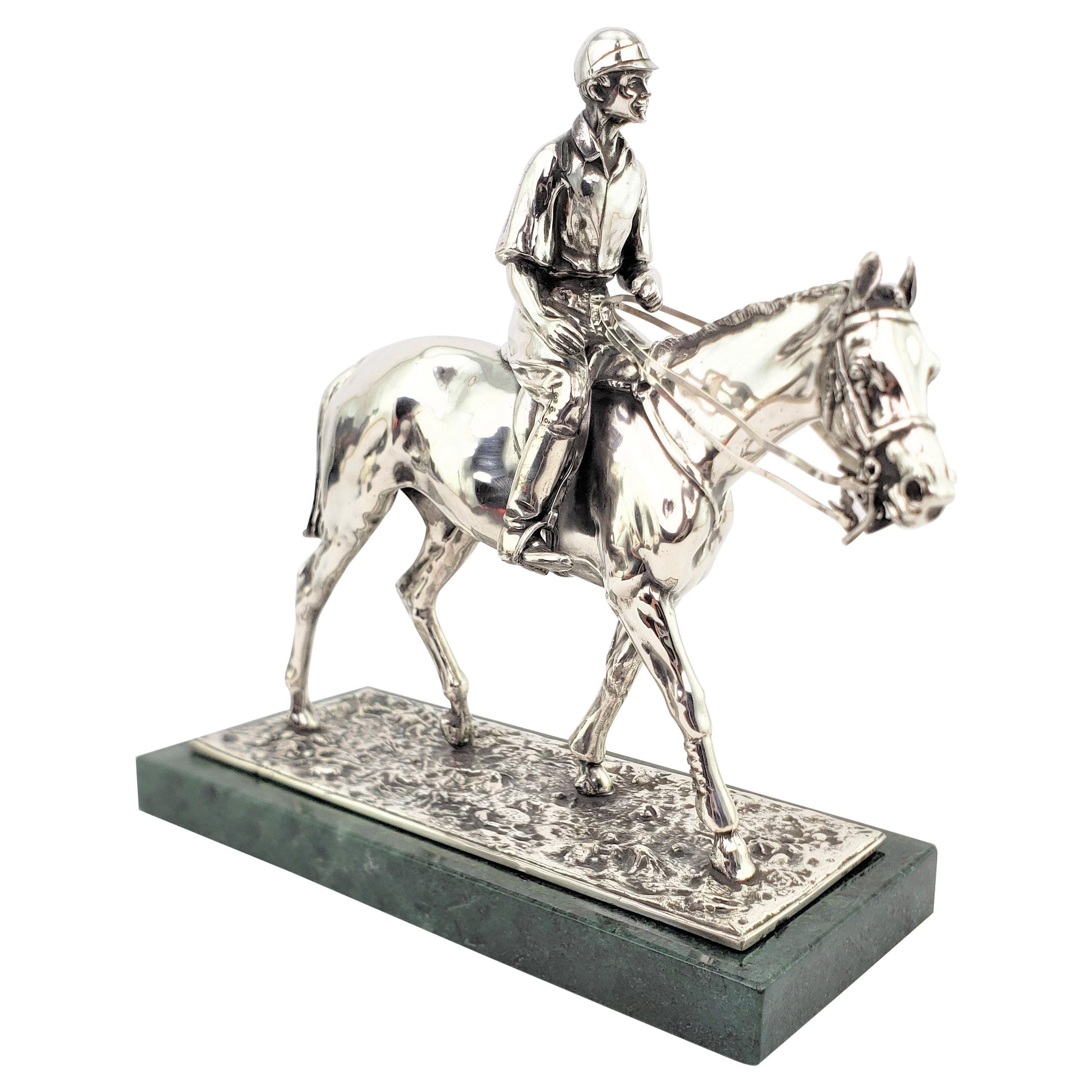 Mid-Century Silver Plated Cast Metal Horse & Jockey Sculpture with Marble Base For Sale