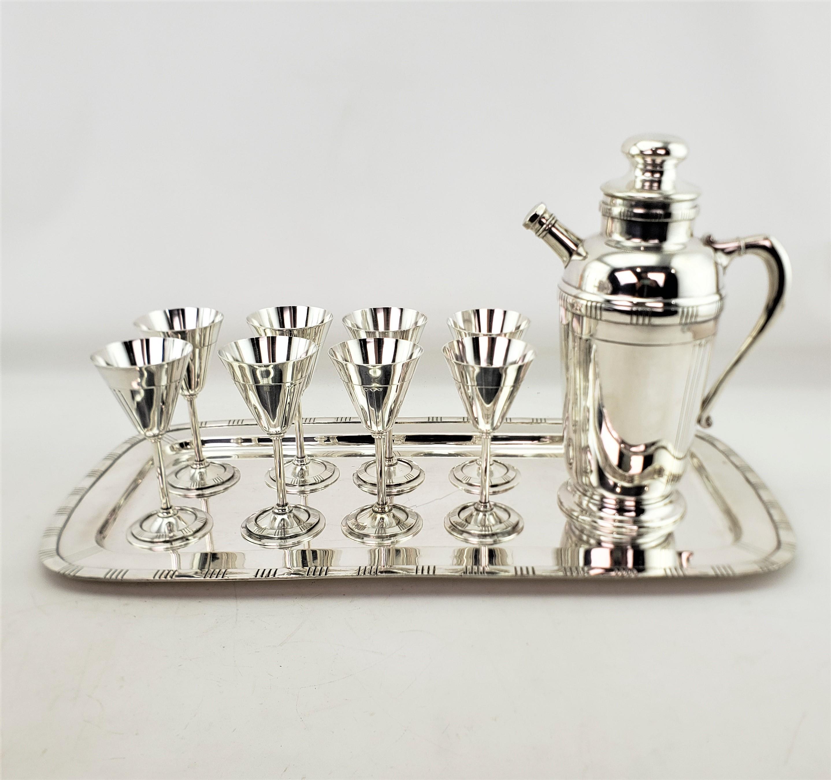Art Deco Midcentury Silver Plated Cocktail Set with Tray, Glasses & Shaker Pitcher For Sale