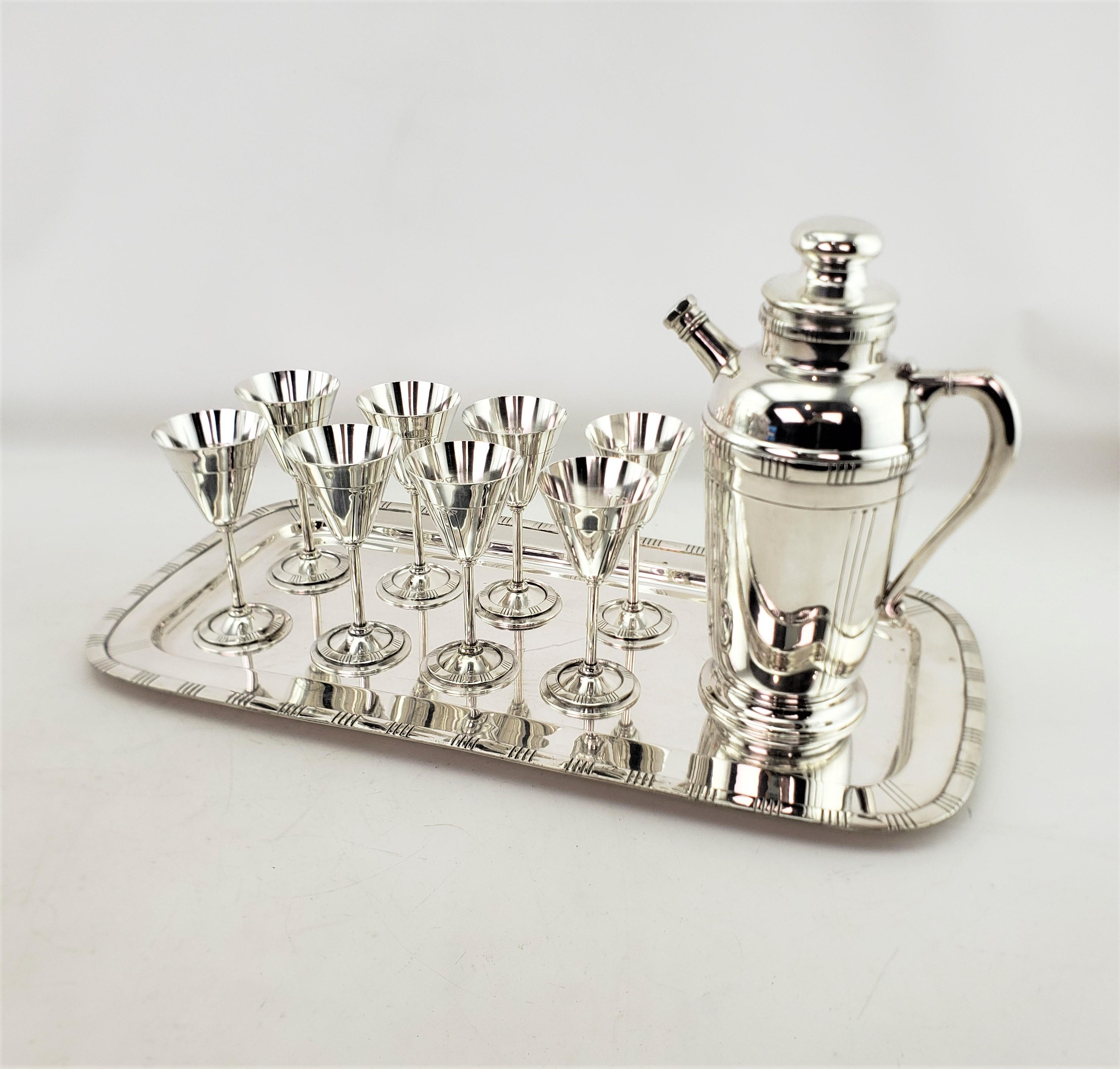 American Midcentury Silver Plated Cocktail Set with Tray, Glasses & Shaker Pitcher For Sale
