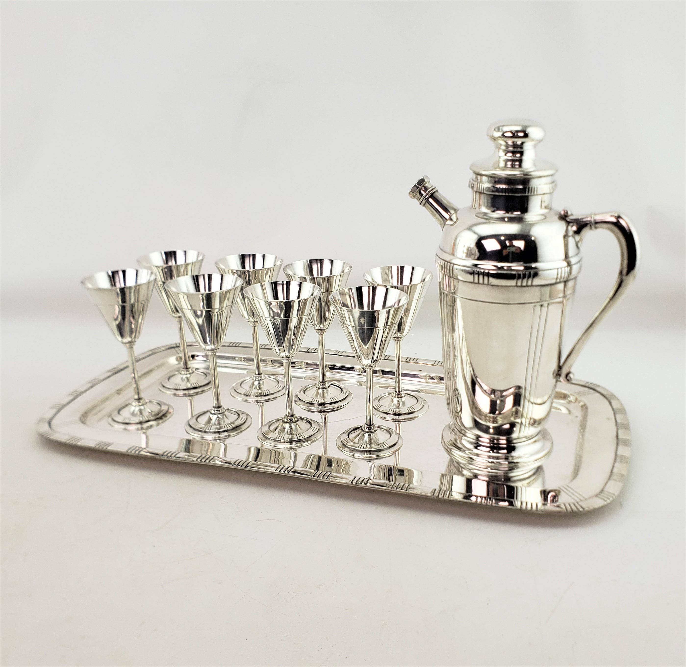 Machine-Made Midcentury Silver Plated Cocktail Set with Tray, Glasses & Shaker Pitcher For Sale