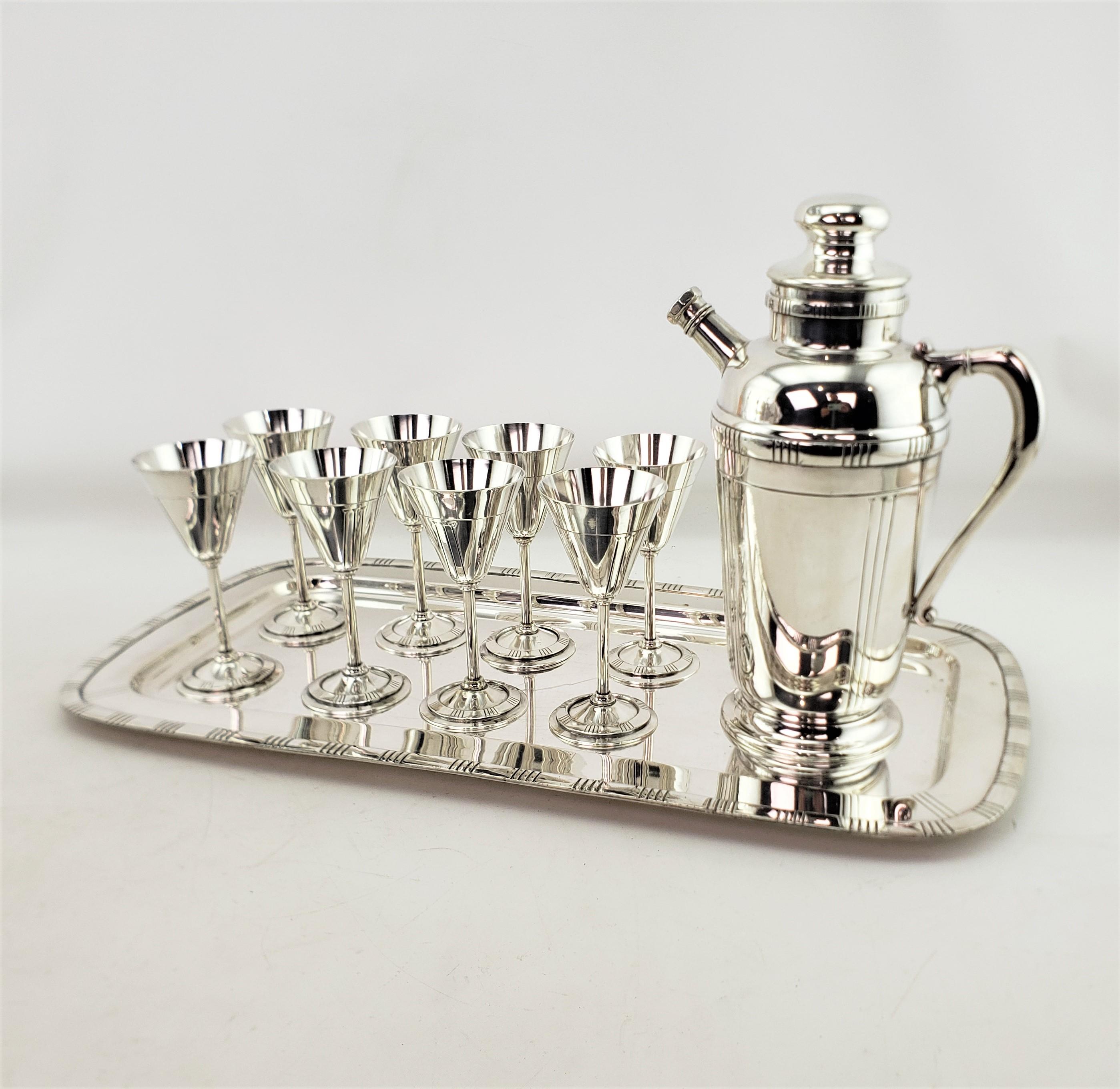 Machine-Made Midcentury Silver Plated Cocktail Set with Tray, Glasses & Shaker Pitcher