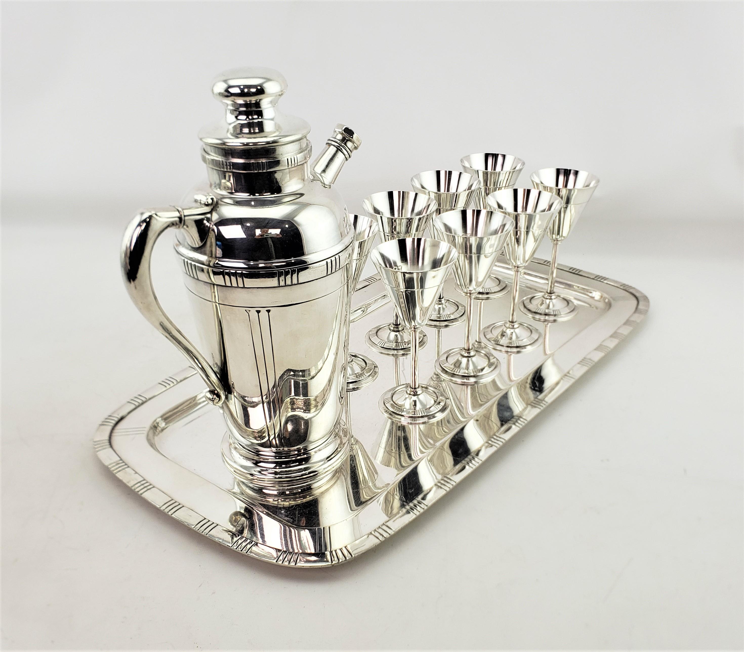 Midcentury Silver Plated Cocktail Set with Tray, Glasses & Shaker Pitcher In Good Condition For Sale In Hamilton, Ontario