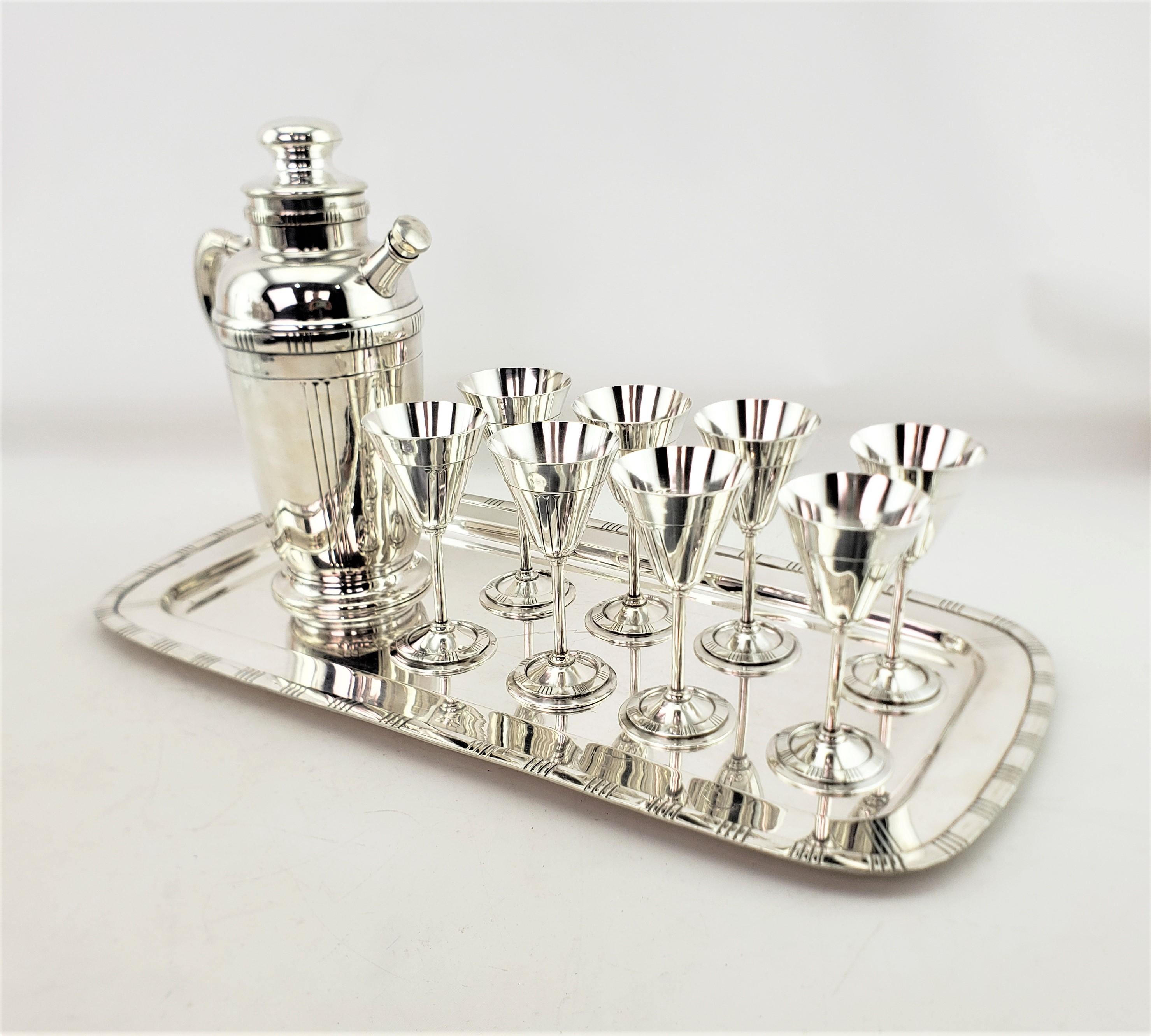 20th Century Midcentury Silver Plated Cocktail Set with Tray, Glasses & Shaker Pitcher For Sale