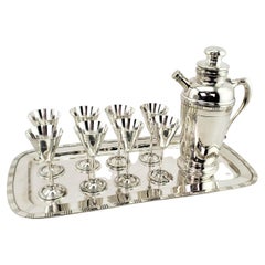 Retro Midcentury Silver Plated Cocktail Set with Tray, Glasses & Shaker Pitcher