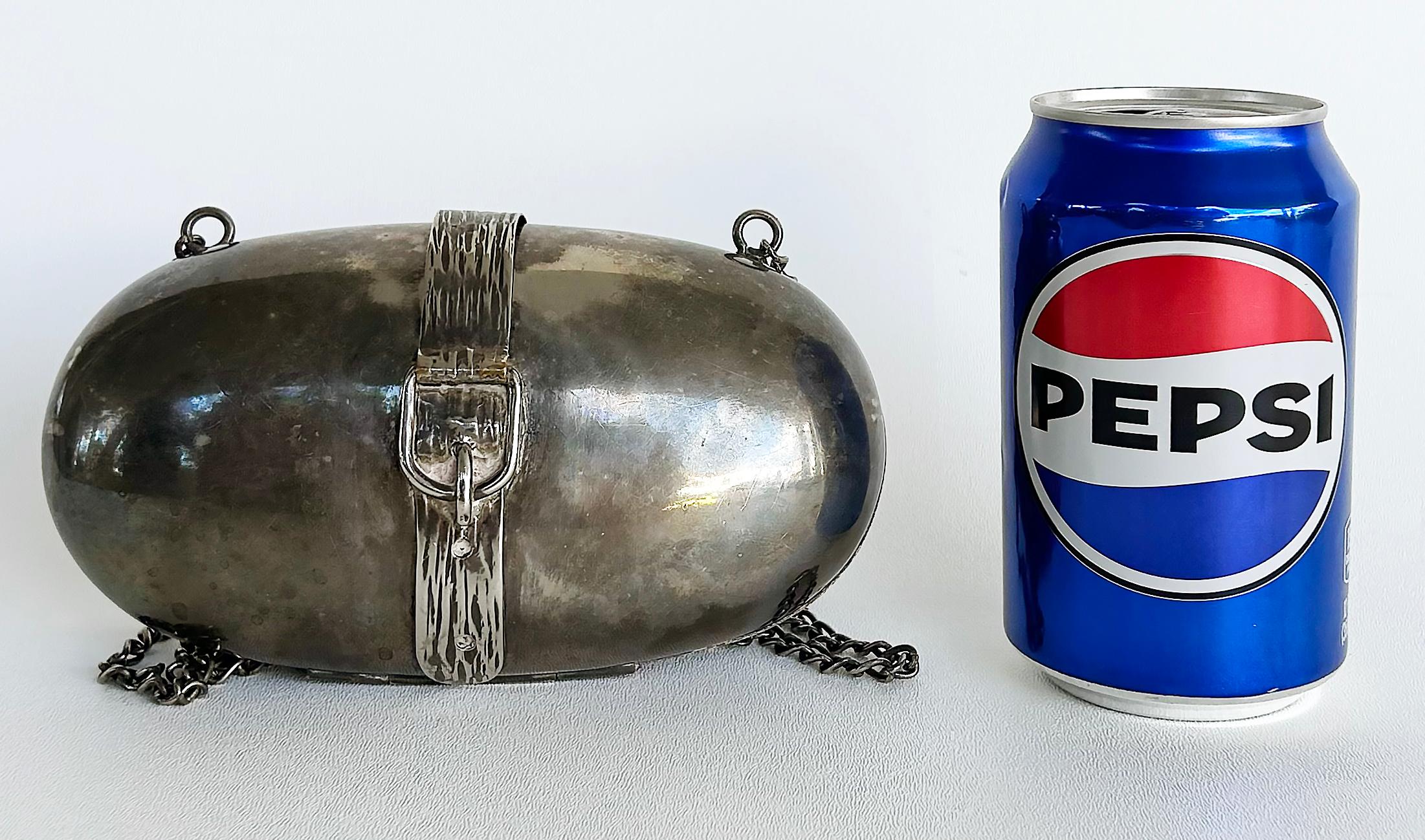 Borsa da sera argentata di metà secolo con chiusura a fibbia e catena

In vendita una borsa da sera argentata da donna con tracolla a catena e chiusura con fibbia decorativa.  Questa deliziosa borsa da sera è completamente foderata e può essere
