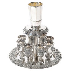 Mid-Century Silver Plated Fountain Kiddush Cup Set in Grape & Vine Motif