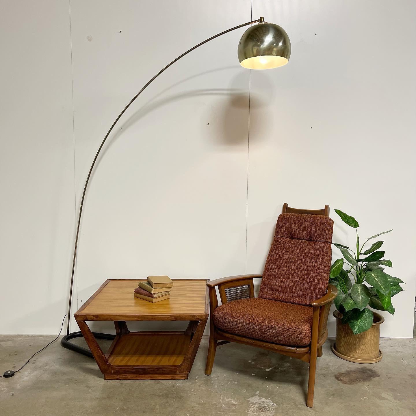 Mid century arc floor lamp. Beautiful silver plated arc floor lamp. Grated head up top with rotating shade to point the light in any direction. Puts off a nice gentle light. Sturdy metal base. Foot switch works great. Overall beautiful lamp with