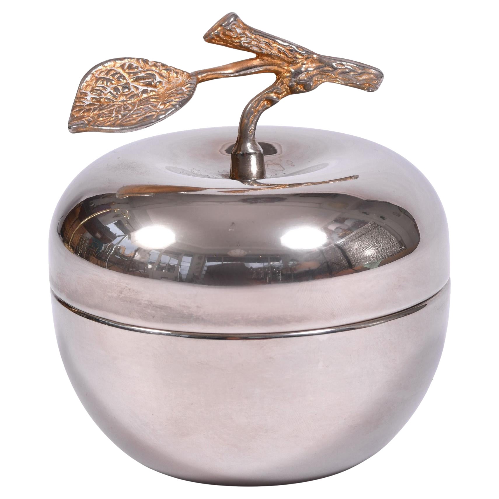 Mid-century silver plated lidded 'Apple' box with brass leaf handle