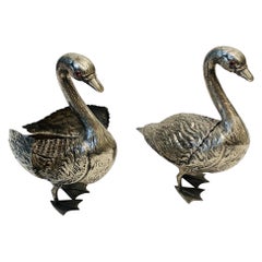 Mid Century Silver Plated Swan Vases, Pair