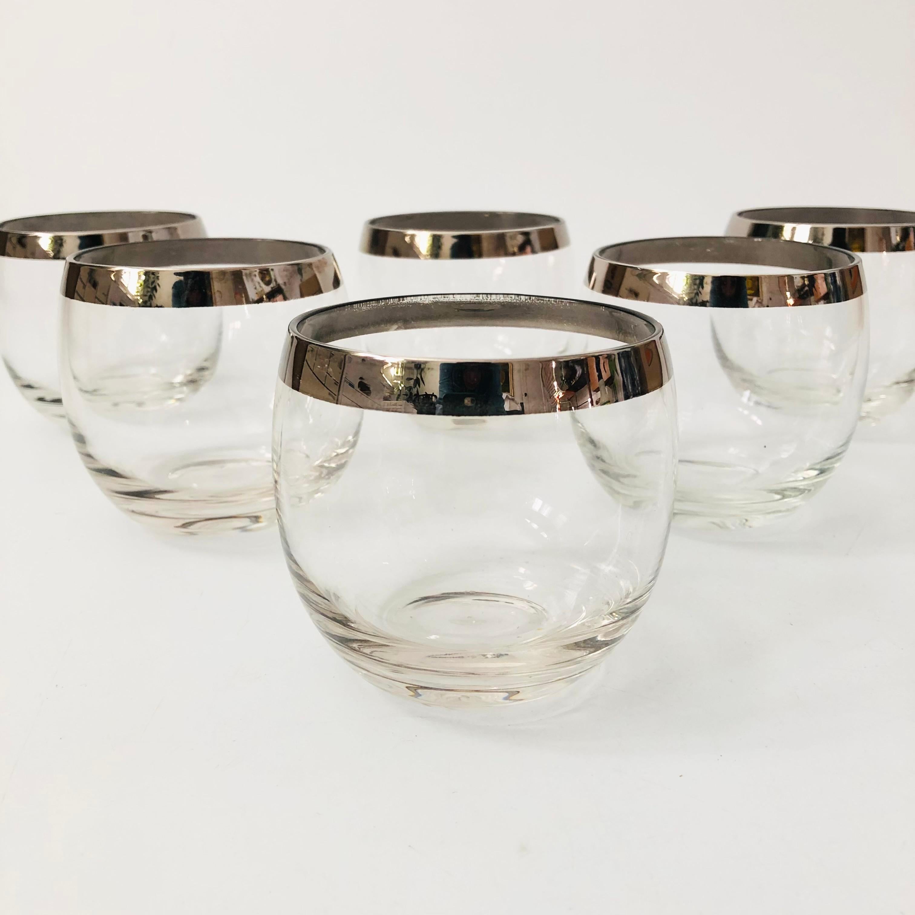 Mid-Century Modern Mid Century Silver Rim Roly Poly Cocktail Glasses - Set of 6 For Sale