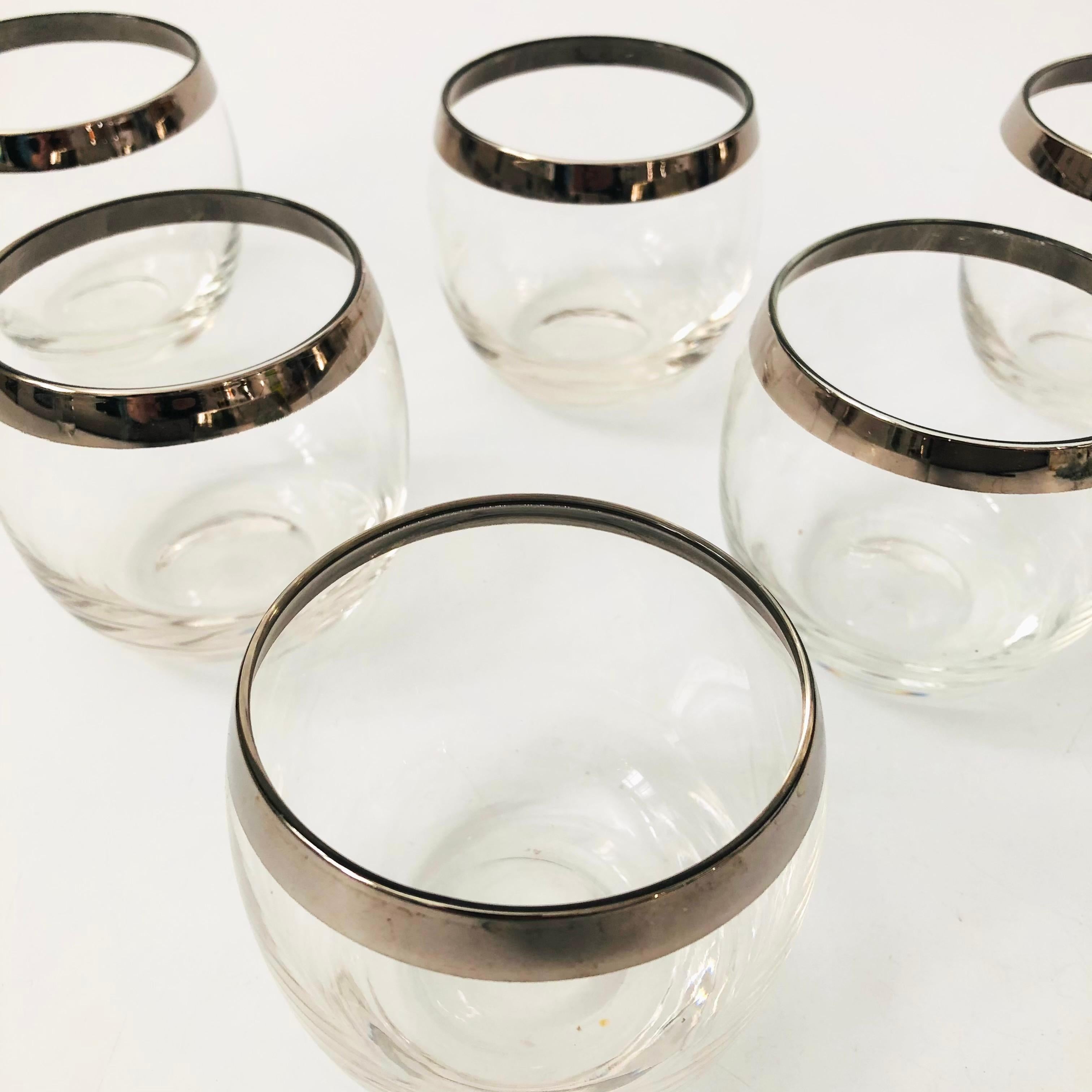 American Mid Century Silver Rim Roly Poly Cocktail Glasses - Set of 6 For Sale