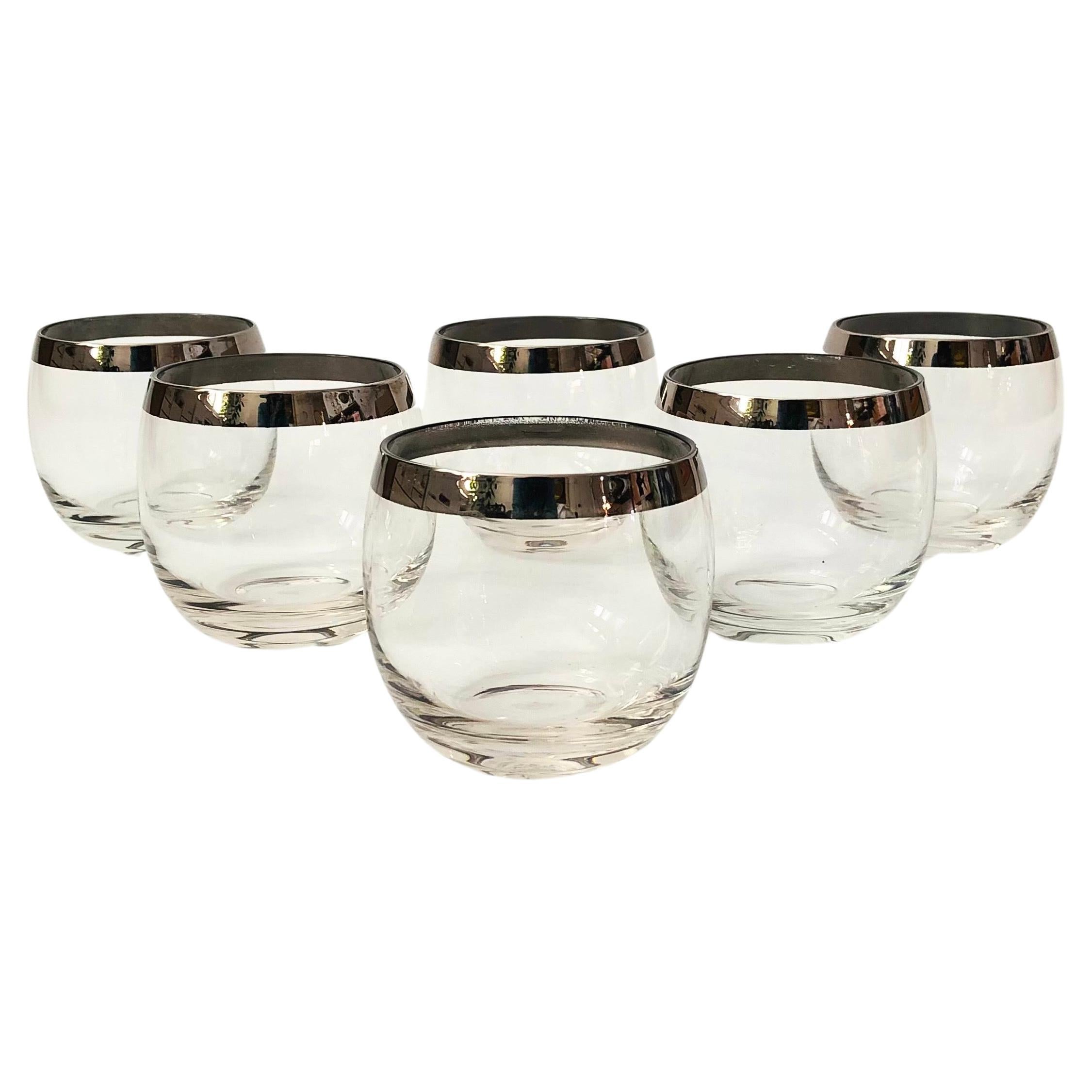 Mid Century Silver Rim Roly Poly Cocktail Glasses - Set of 6 For Sale
