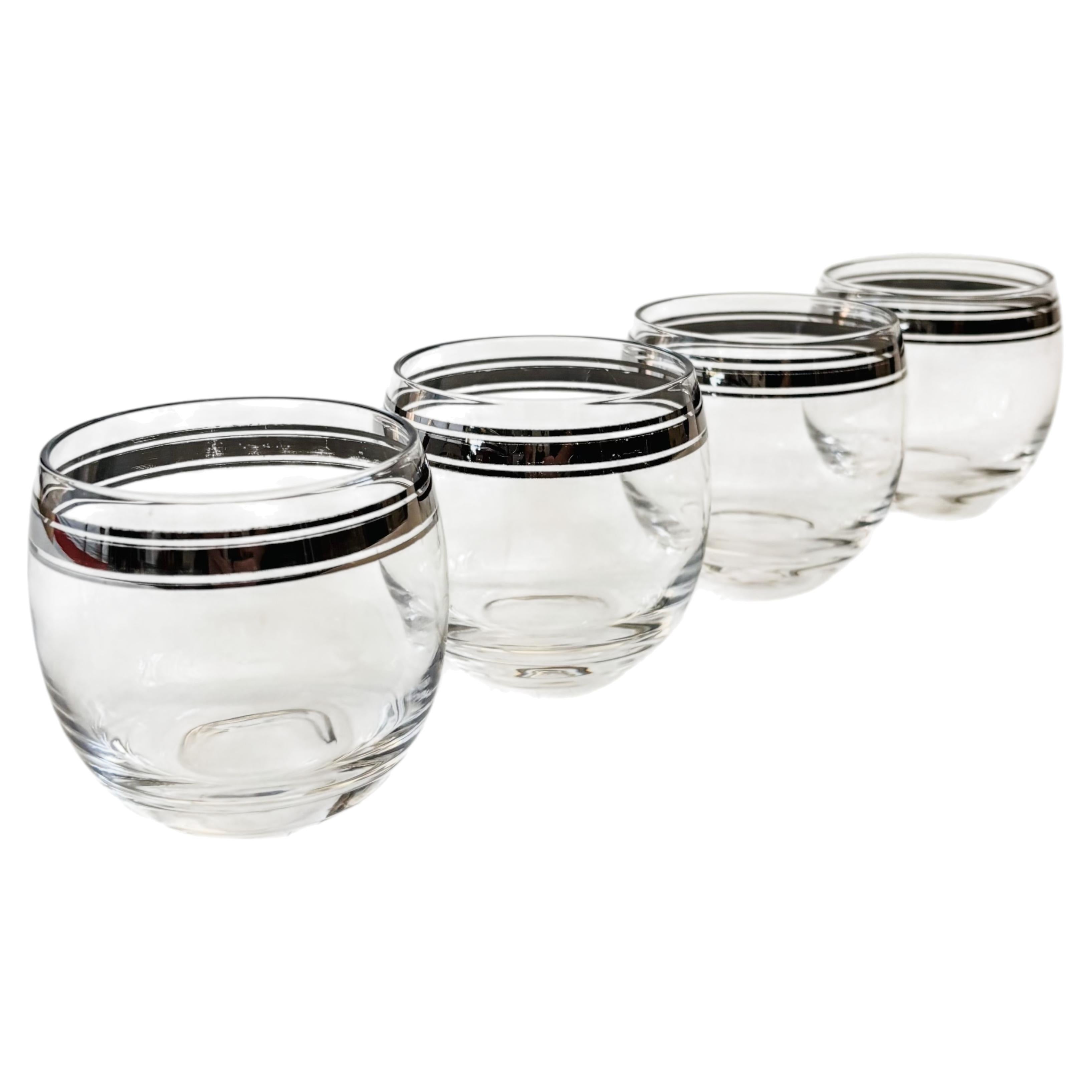 Mid Century Silver Striped Roly Poly Cocktail Glasses - Set of 4